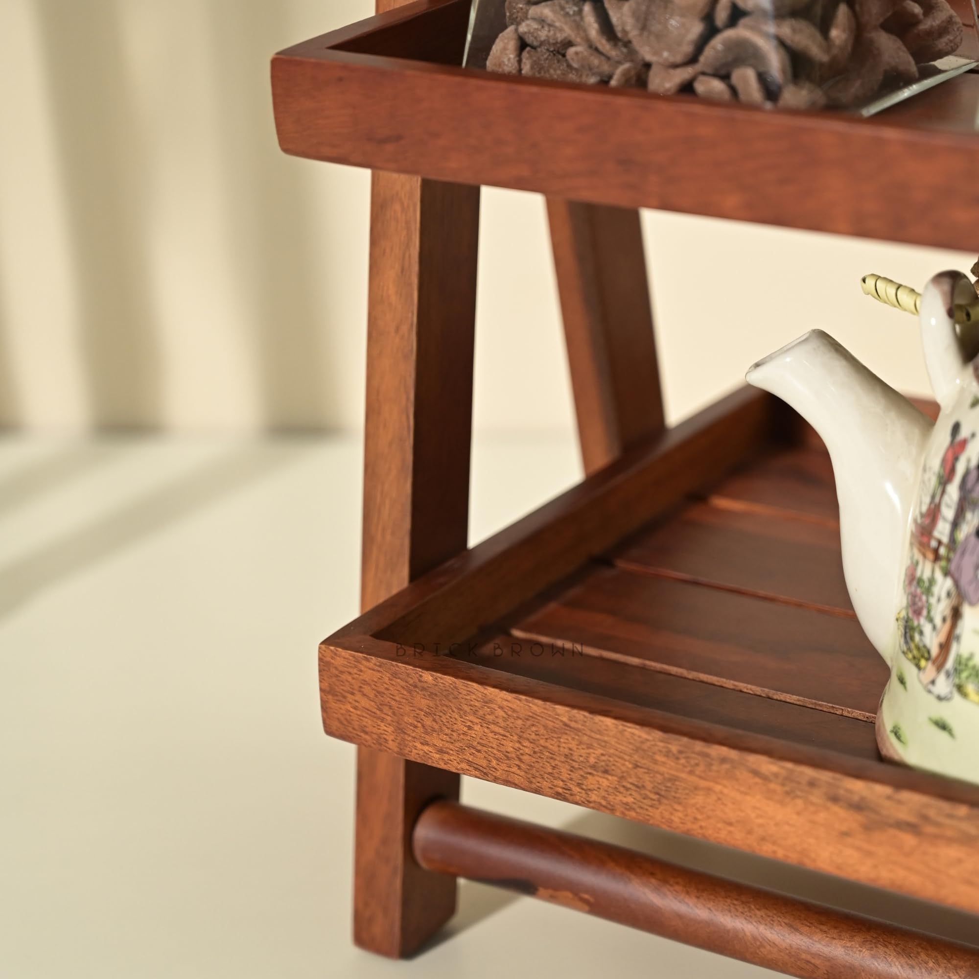 Brick Brown ® Handcrafted Premium Foldable Wooden Organizer with Double Tray | Wooden Grocery Rack - Small Mahogany Rectangular (16x12x8.3 inches) | Perfect for Kitchen Countertops, Pantry Storage & Office Desk Organization