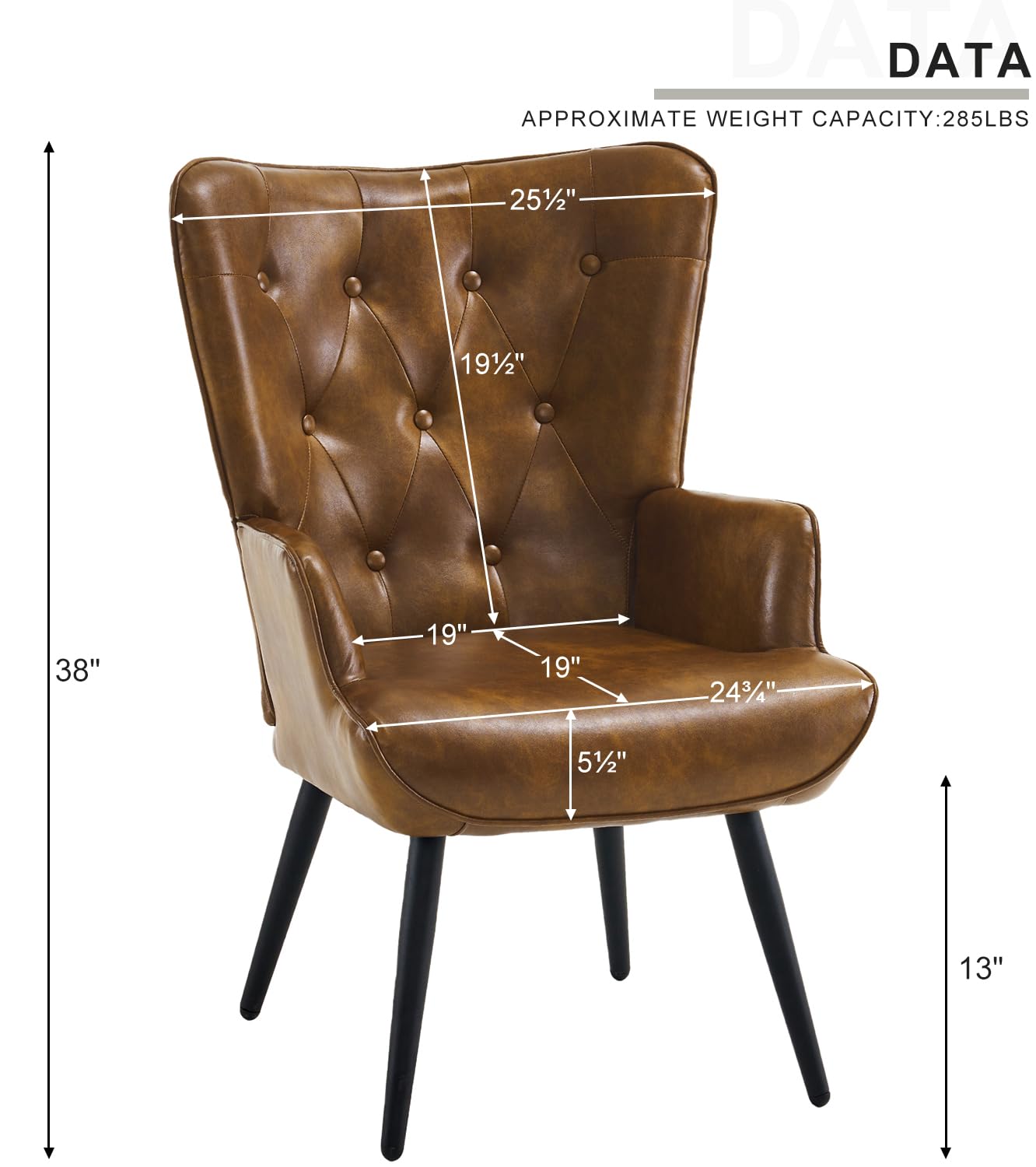 Furnimart Mid Century Modern Faux Leather Accent Chair - Comfy PU Armchair for Living Room, Office, Study, Bedroom & Waiting Room - Yellow Brown Wingback Leisure Chair | Perfect for Home Decor, Guest Seating & Vanity Areas