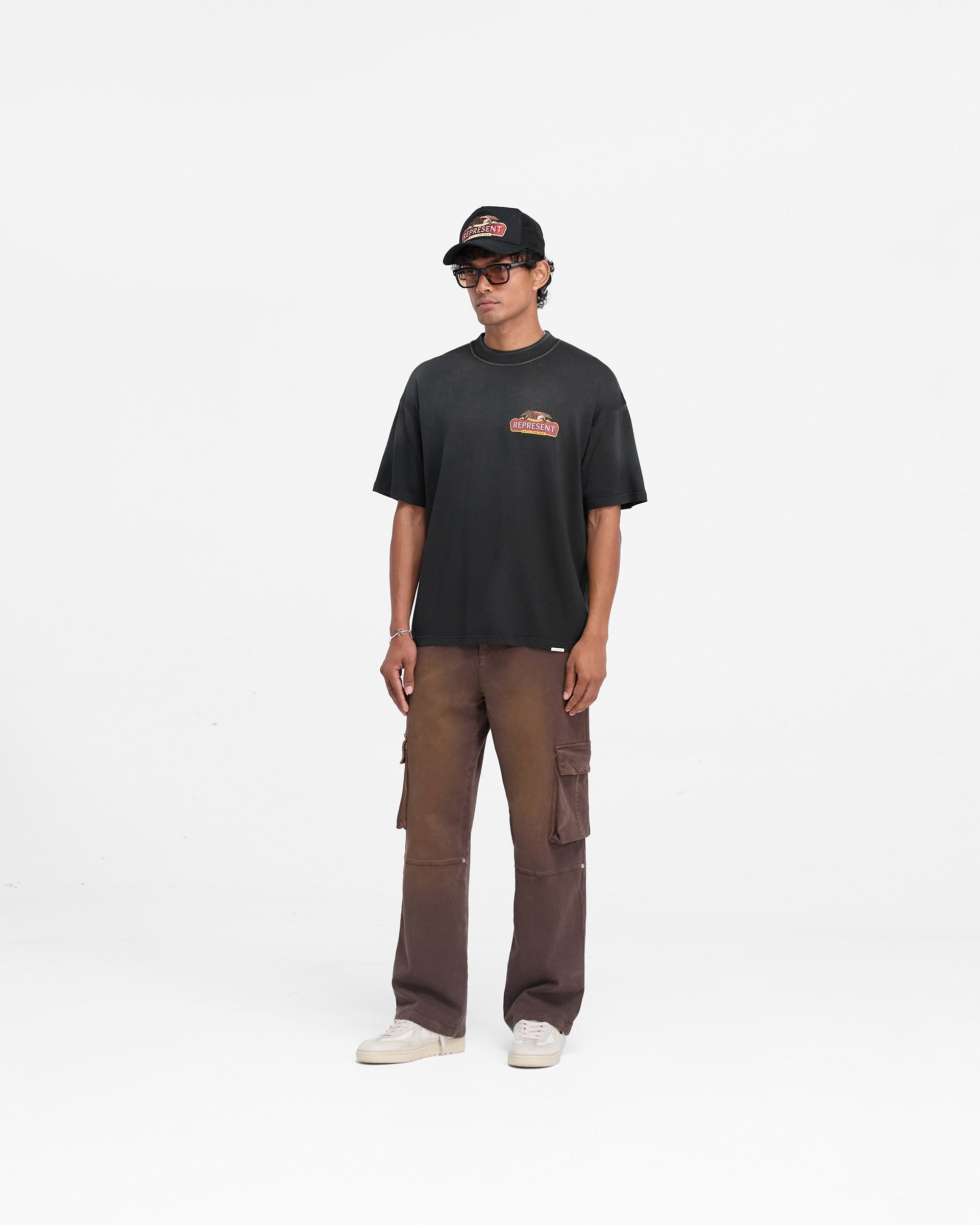 Represent X End Eagles Graphic T-Shirt - Stained Black Vintage Style Tee for Men | Casual Streetwear, Music Festival Outfit, Everyday Comfort Wear