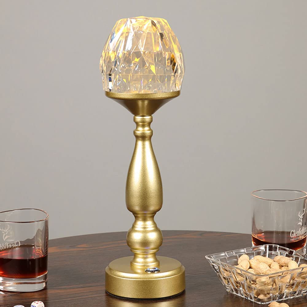 Ksovv Rechargeable Wireless LED Table Lamp - Modern Crystal Touch Dimmable Desk Light with 2000mAh Battery, Gold - Perfect for Bedroom, Dining Room & Restaurant Ambiance Lighting