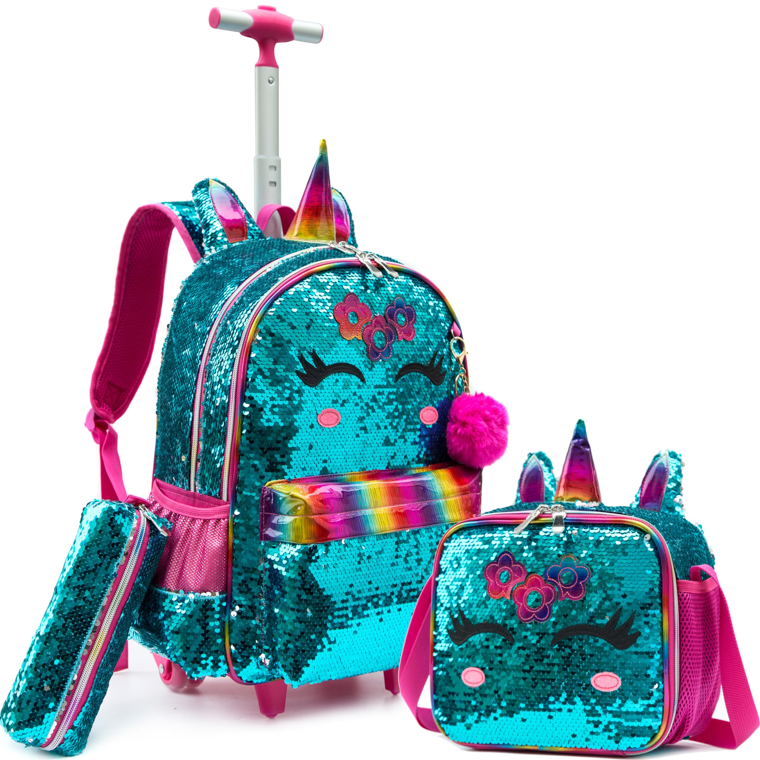 **Meetbelify Unicorn Rolling Backpack for Girls 6-8 Years Old - Sparkly Sequin Travel Luggage with Wheels, Lunch Box & Pencil Case - Perfect for School, Travel & Sleepovers**