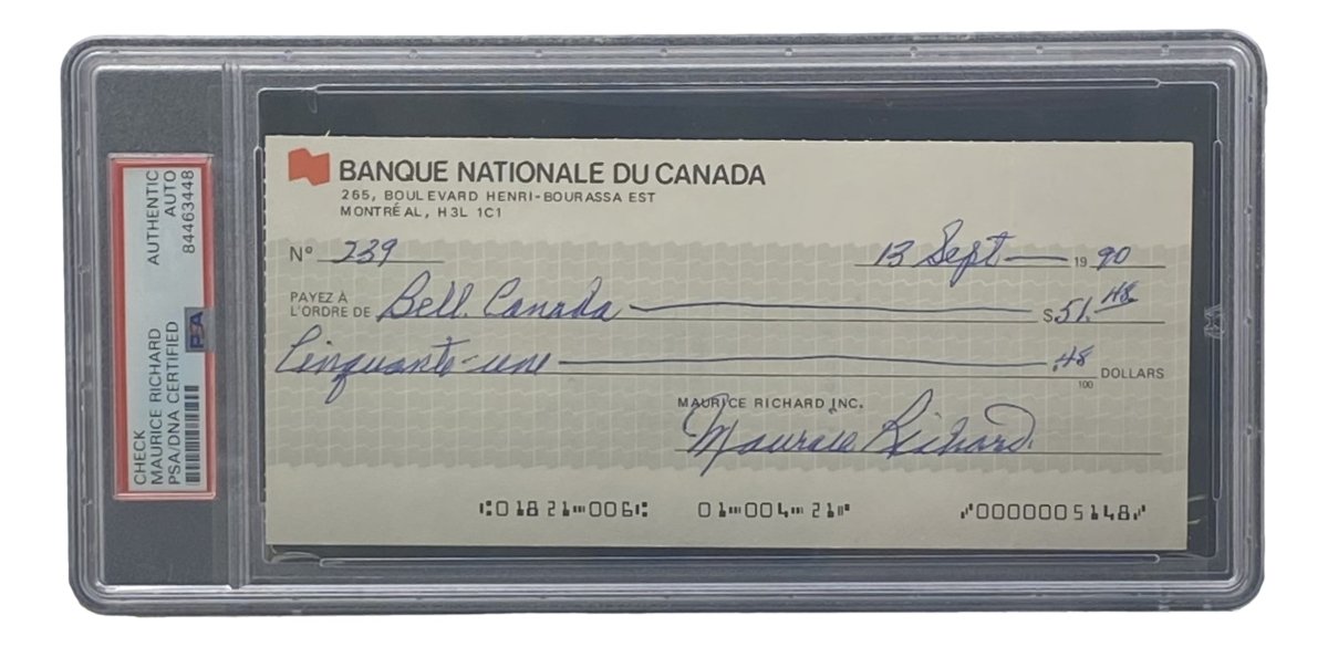 Authentic Maurice Richard Signed Montreal Canadiens Bank Check #239 PSA/DNA Certified - Rare Hockey Memorabilia for Collectors & Sports Fans - Perfect for Display in Man Caves, Sports Bars & Memorabilia Collections