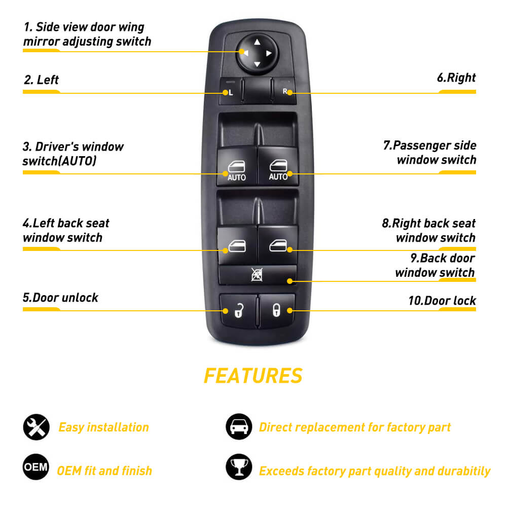 Driver Side Master Power Window Switch Compatible with 2009-2012 Dodge Ram 1500/2500/3500, 2007-2011 Dodge Nitro, 2009-2010 Dodge Journey, 2008-2012 Jeep Liberty - Replacement Auto Part for Smooth Window Operation