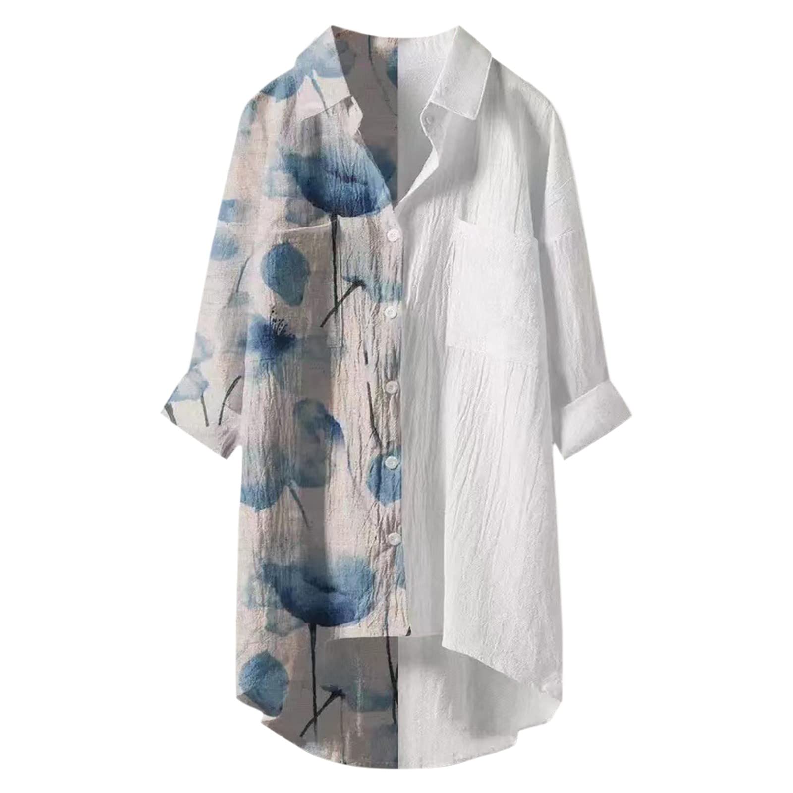 Women's Lapel Three-Quarter Sleeve Blouse with Pockets - Casual Summer Tops for Work, Office & Outdoor Activities
