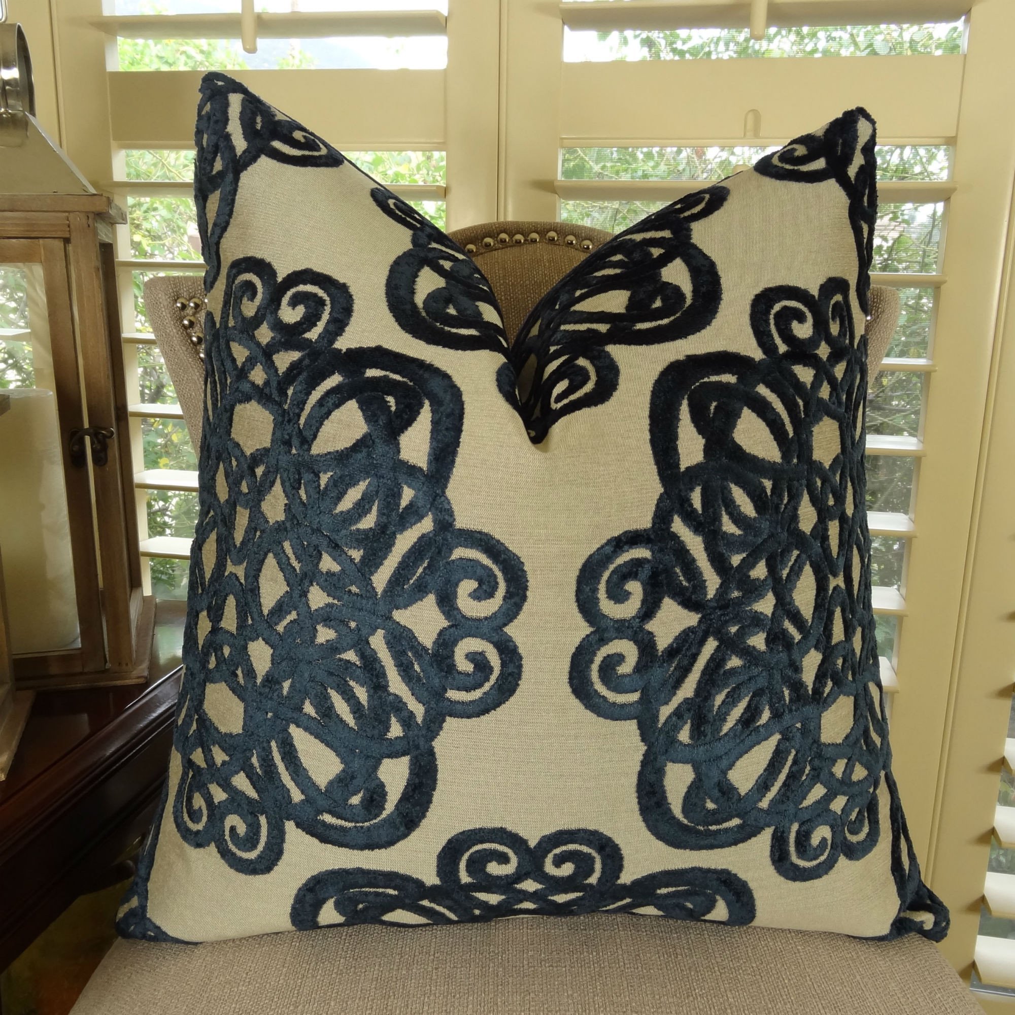 Luxury Navy Velvet Decorative Throw Pillow with Beige Scroll Pattern - Made in USA - Perfect for Sofa, Bed & Home Decor Accent