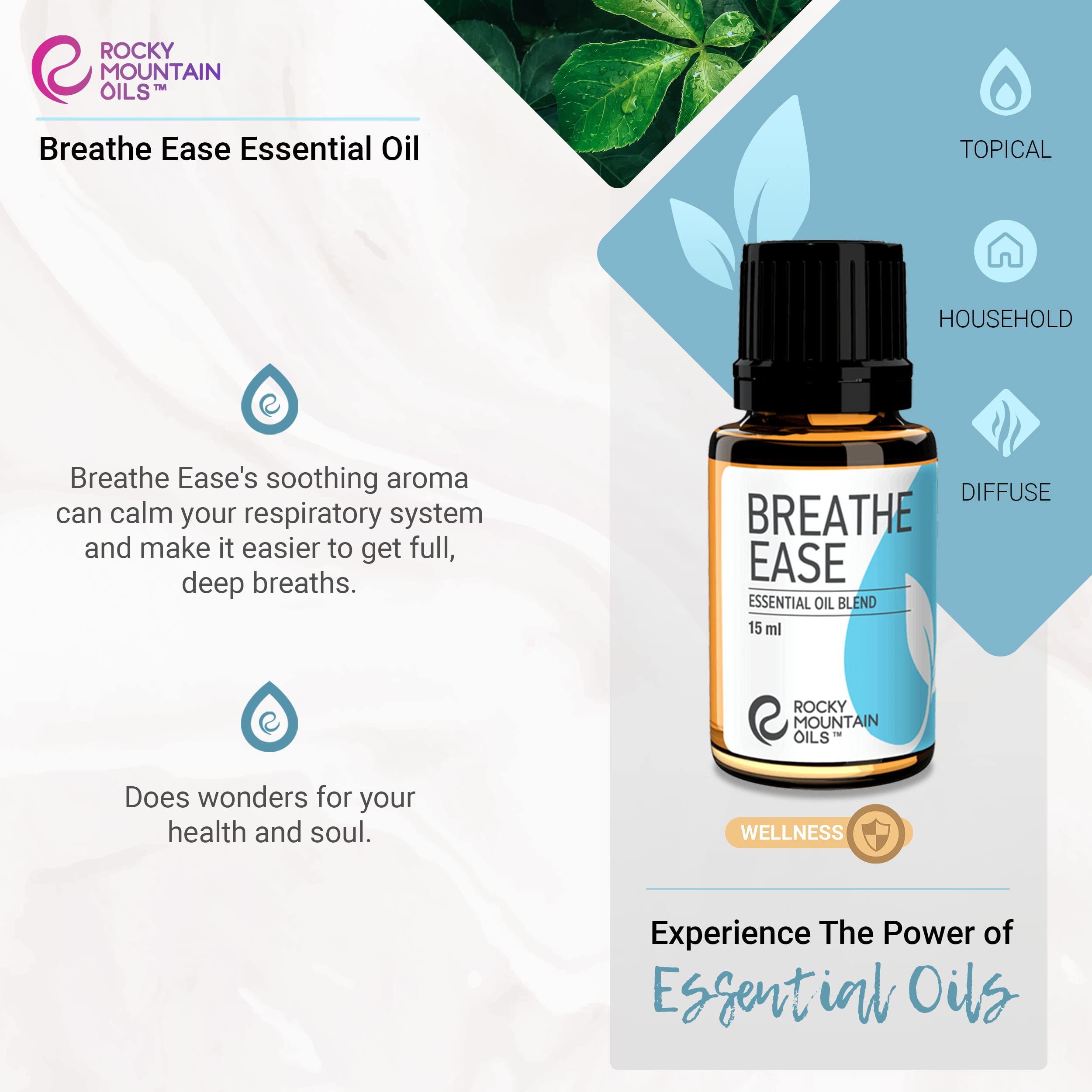 Rocky Mountain Oils Breathe Ease Essential Oil Blend - 100% Pure Aromatherapy Oil for Diffusers, Massage & Home Use - Promotes Relaxation & Respiratory Relief - 15ml Bottle - Perfect for Stress Relief, Yoga & Bedtime Aromatherapy