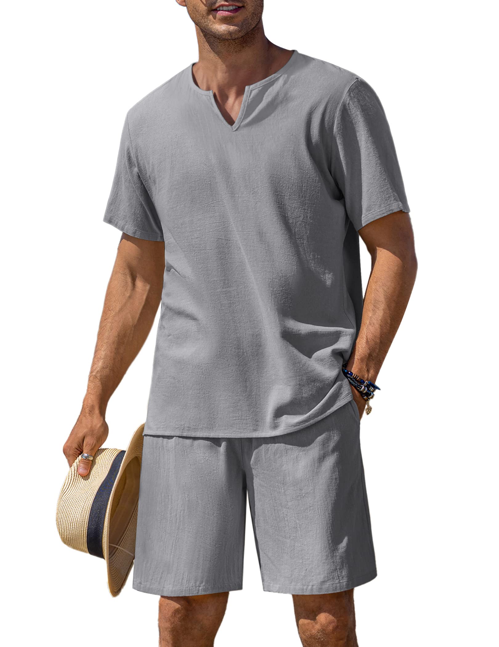 COOFANDY Men's 2-Piece Cotton Linen Summer Outfit - Short Sleeve V-Neck Shirt & Drawstring Casual Pants with Pockets | Beachwear, Vacation, Lounge & Street Style Fashion