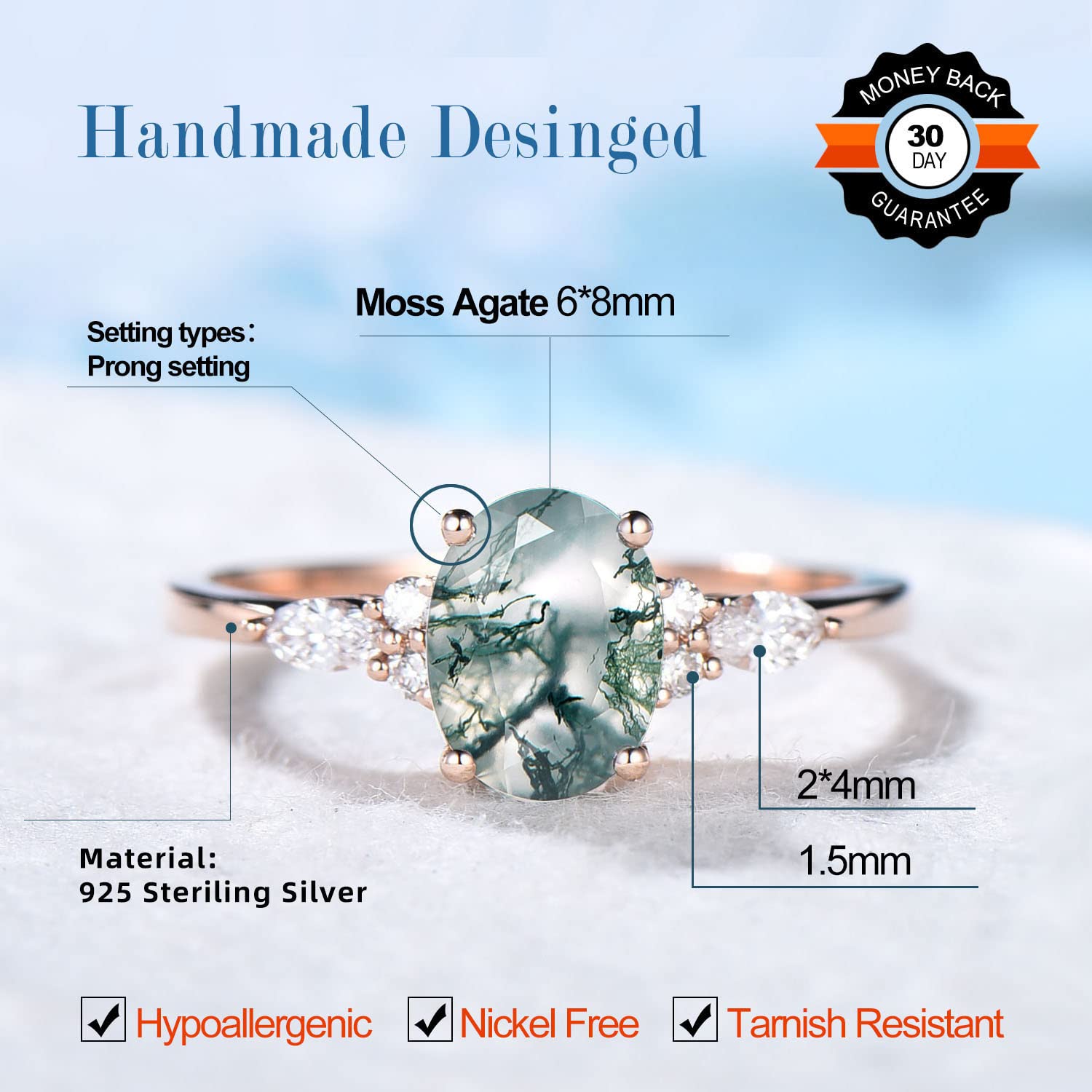 1.5ct Oval Natural Green Moss Agate Engagement Ring in Rose Gold - Marquise Cut CZ Diamond Wedding Ring for Women, Promise Ring & Anniversary Gift (Perfect for Beach Weddings & Romantic Proposals)