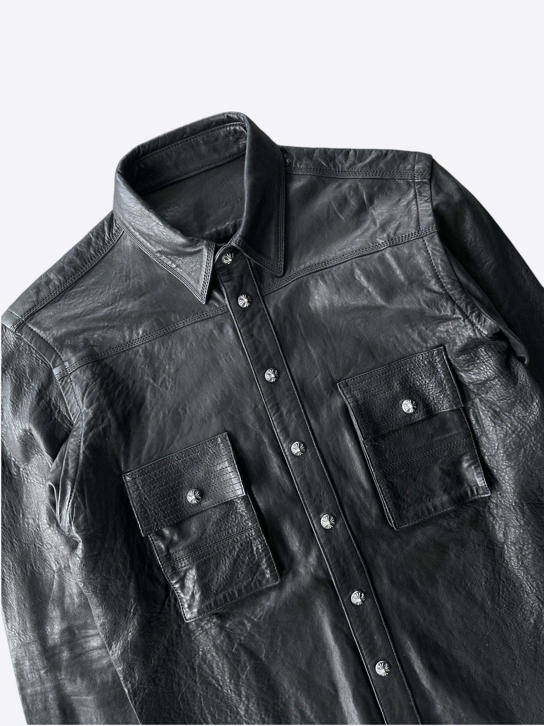 Chrome Hearts Black Leather Button Up Shirt for Men - Stylish Designer Long Sleeve Shirt for Casual Wear & Night Out