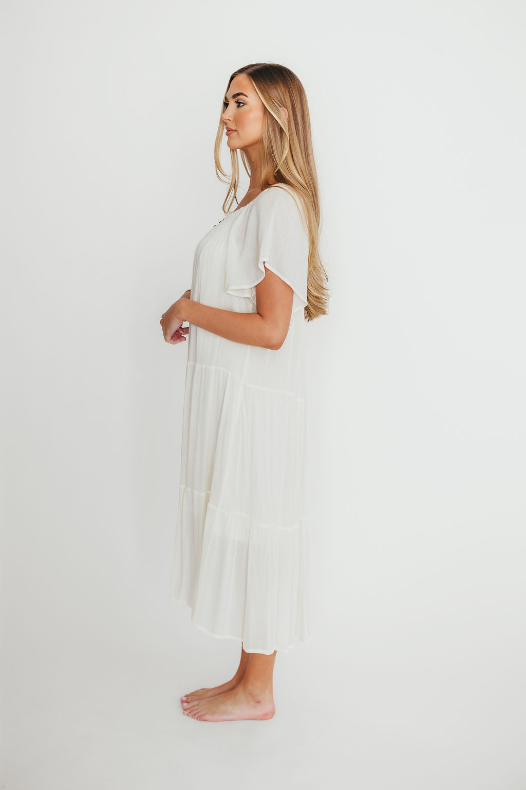 Eloise Flutter Sleeve Midi Dress - Off White Women's Boho Summer Dress for Beach, Wedding & Casual Wear