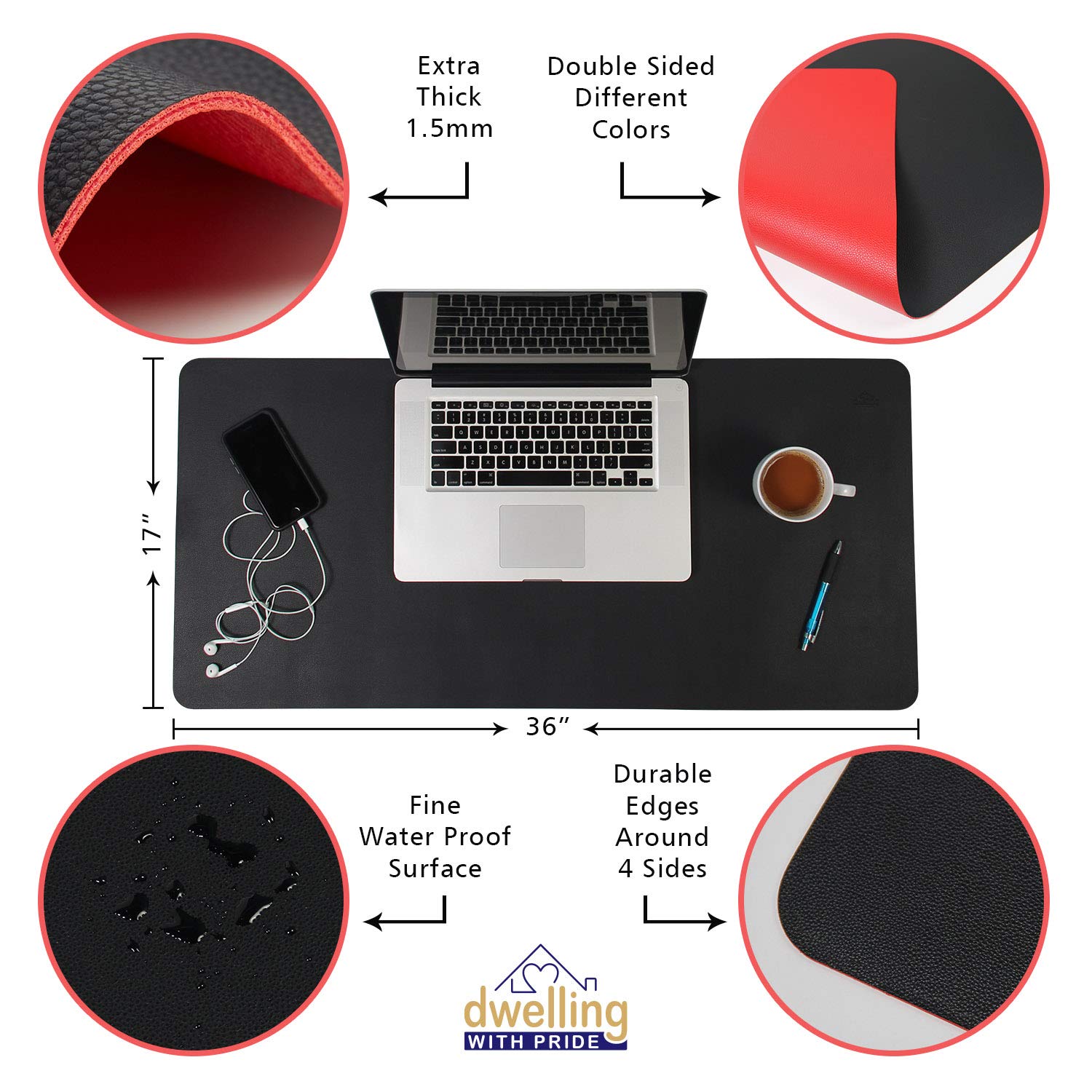 Premium PU Leather Desk Mat - Reversible, Waterproof & Non-Slip Office Desk Pad - Large Mouse Pad & Desk Organizer (36