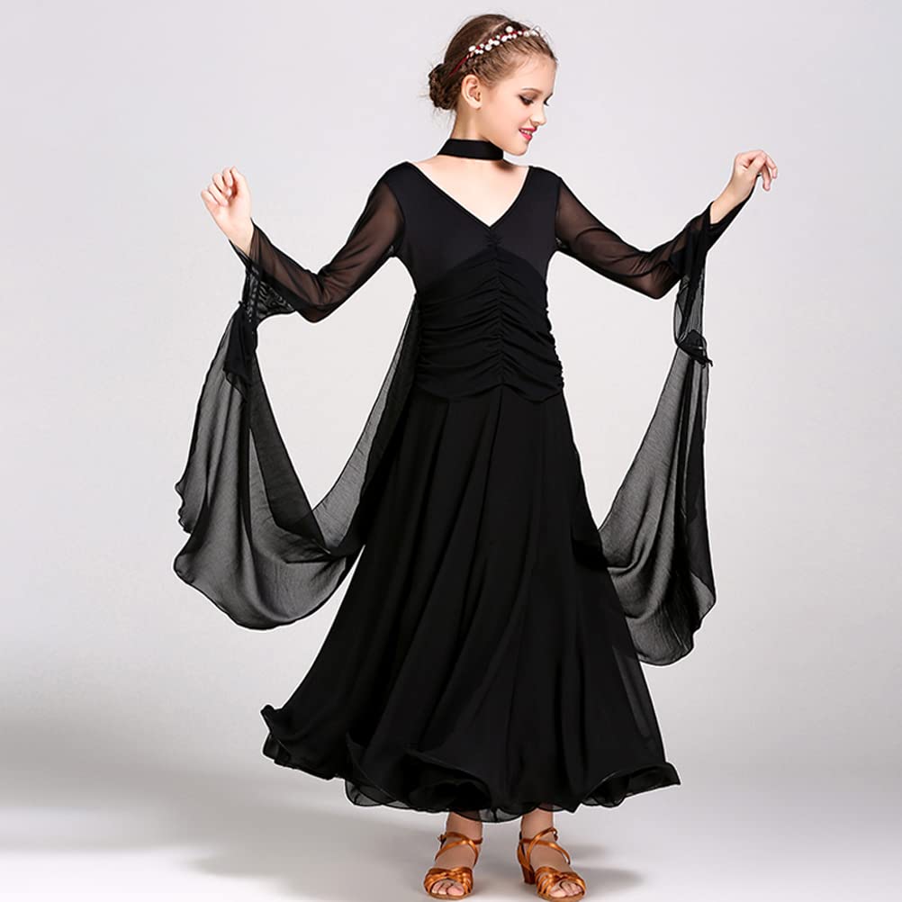 Girls Long Sleeve Romantic Floating Yarn Ballroom Dance Dress - Elegant Competition & Performance Outfit for Modern Dance, Waltz, Latin & Ballet - Perfect for Recitals, Shows & Special Occasions