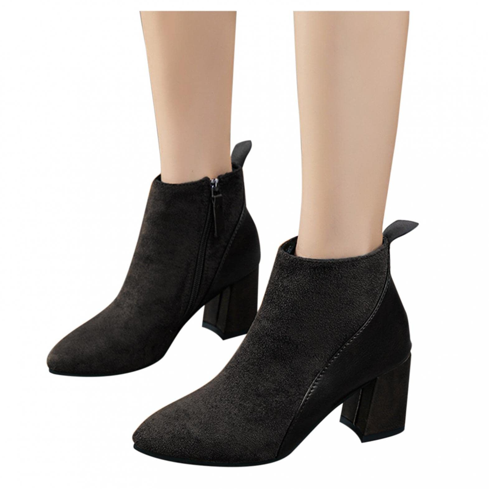 Women's Chunky Low Heel Ankle Boots - Faux Leather Pointed Toe Side Zipper Booties | Fashionable Fall & Winter Shoes for Casual Outfits, Office Wear & Date Nights