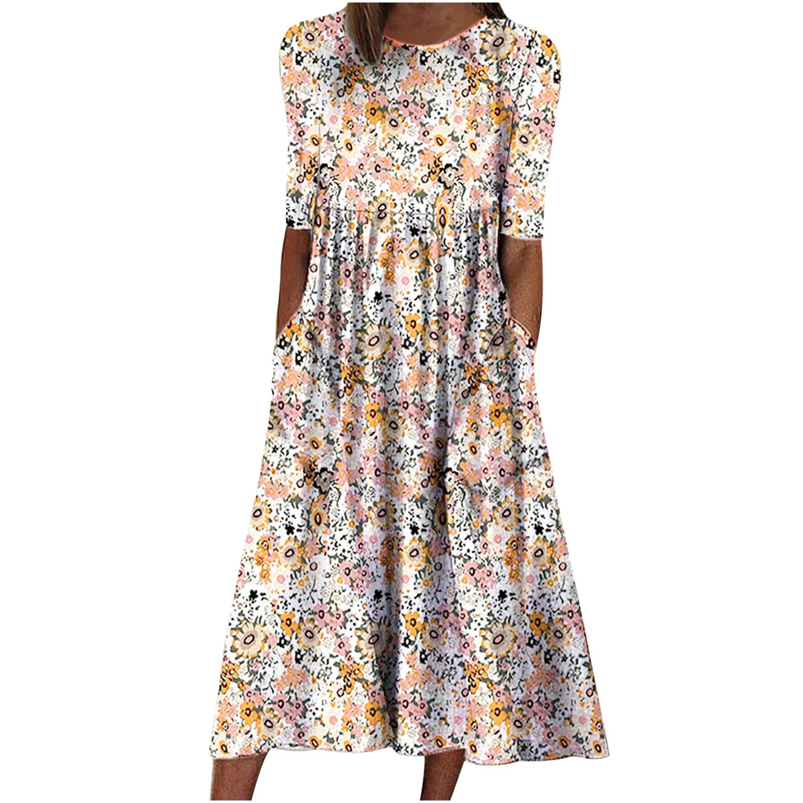 Floral Summer Dress for Women - Crewneck Short Sleeve Pleated Midi Dress with Pockets | Flowy Peasant Style for Beach, Vacation & Casual Wear (White)