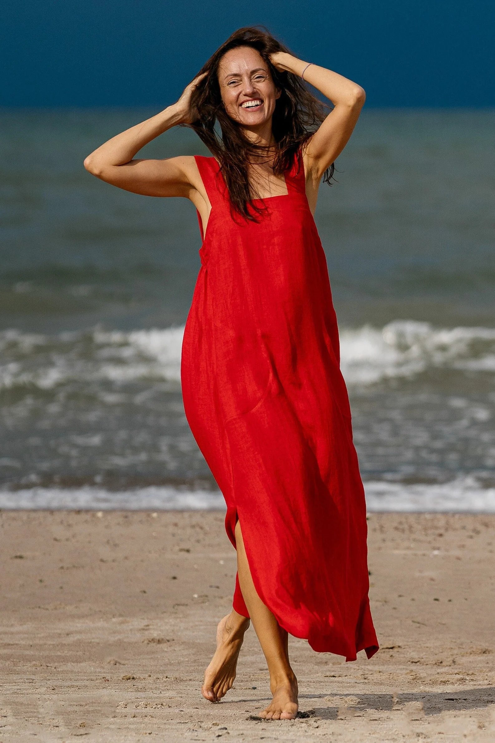 ADELE Linen Strap MAXI Dress in Red - Flowy Summer Dress for Beach, Vacation & Casual Outings