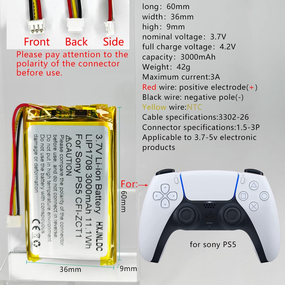 3.7V 3000mAh LIP1708 Rechargeable Lithium-ion Battery Replacement for Sony PlayStation 5 DualSense Wireless Controller (Model CFI-ZCT1W/B/U) - Long-Lasting Power for Extended Gaming Sessions