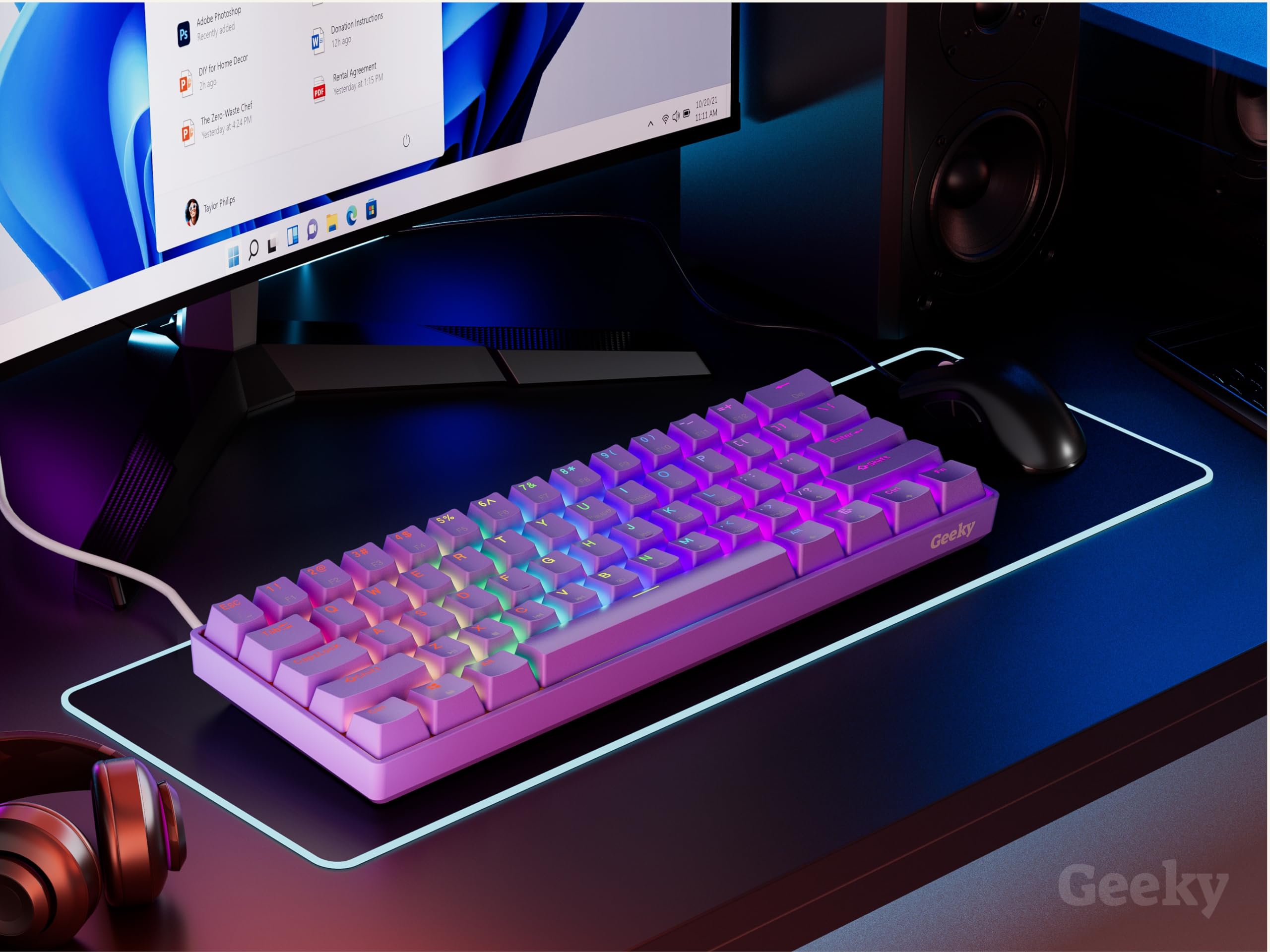 Geeky GK61 60% Hot Swappable Mechanical Gaming Keyboard - 61 Key RGB Backlit, ANSI US Layout (Lavender/Black) for PC & Mac Gamers | Perfect for Esports, Coding & Office Work