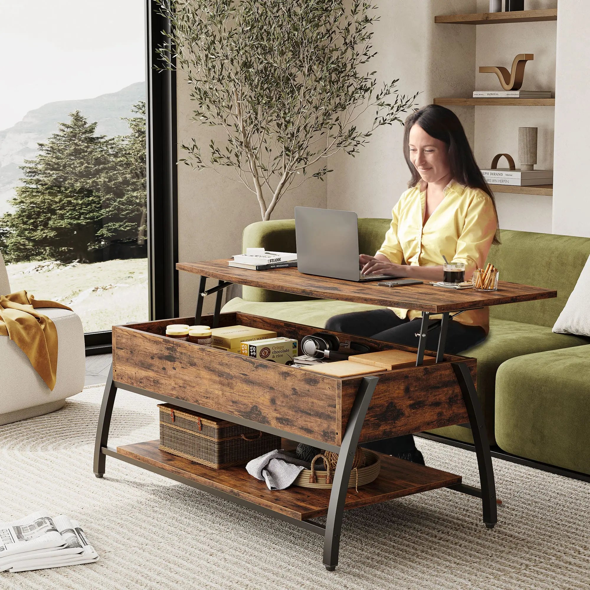 Bestier Lift Top Coffee Table with Storage - Modern Convertible Ottoman for Living Room, Bedroom, and Office Use