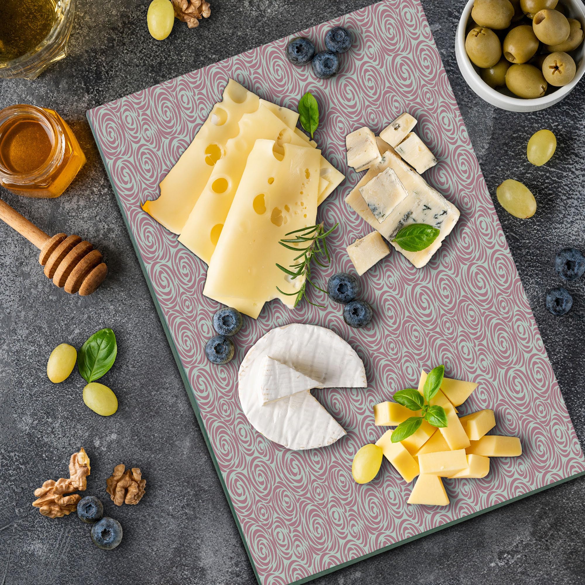 Ambesonne Rose Tempered Glass Cutting Board - Large Floral Design with Abstract Swirl Patterns in Pale Pink & Off White - Perfect for Kitchen Prep, Charcuterie Serving & Home Decor