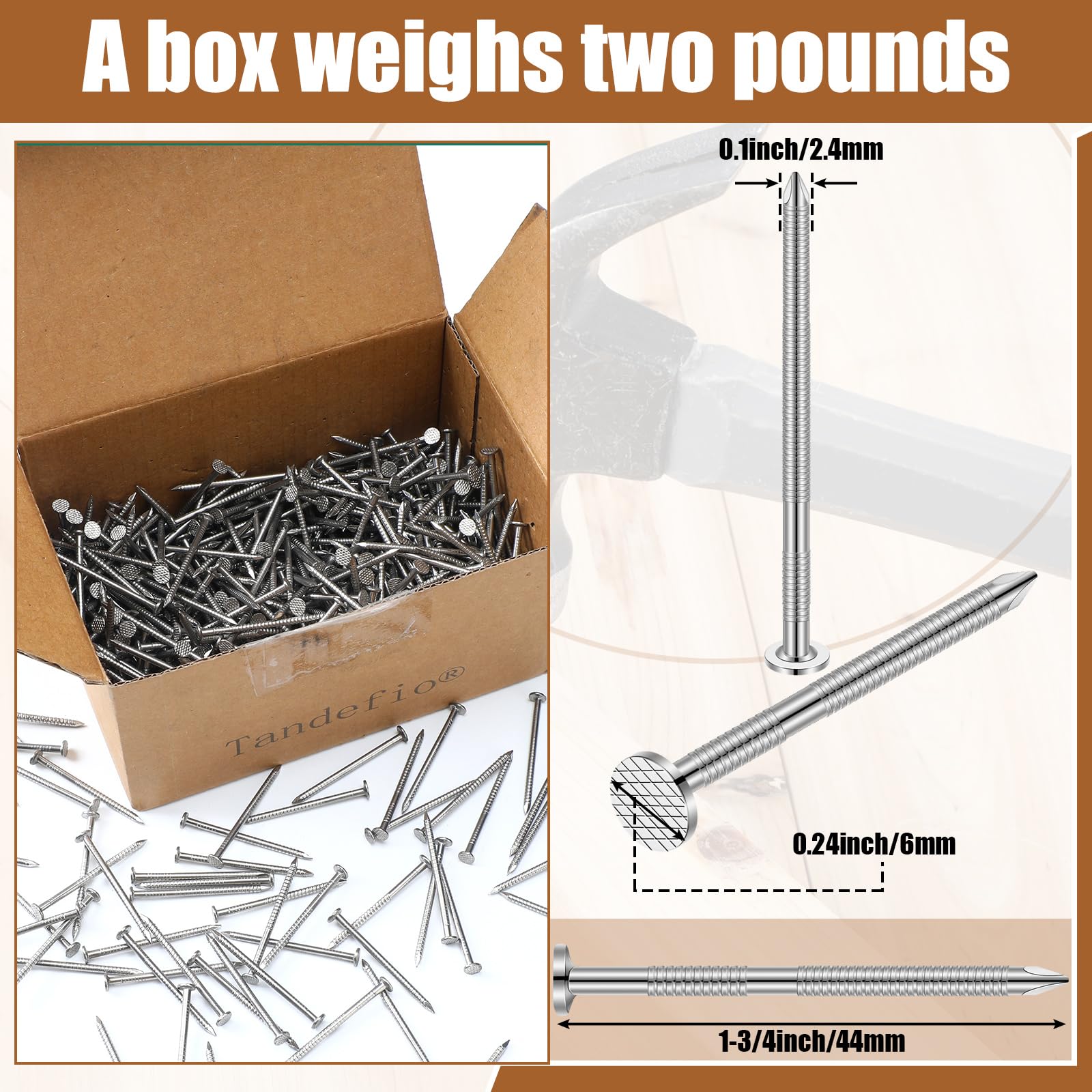 Tandefio 2 lb Box 304 Stainless Steel Siding Nails - 1-3/4 Inch Rust-Resistant Roofing & Slating Nails for Redwood, Cedar Wood, Decking & Roofing - Perfect for Outdoor Construction, Fencing & Home Renovation Projects