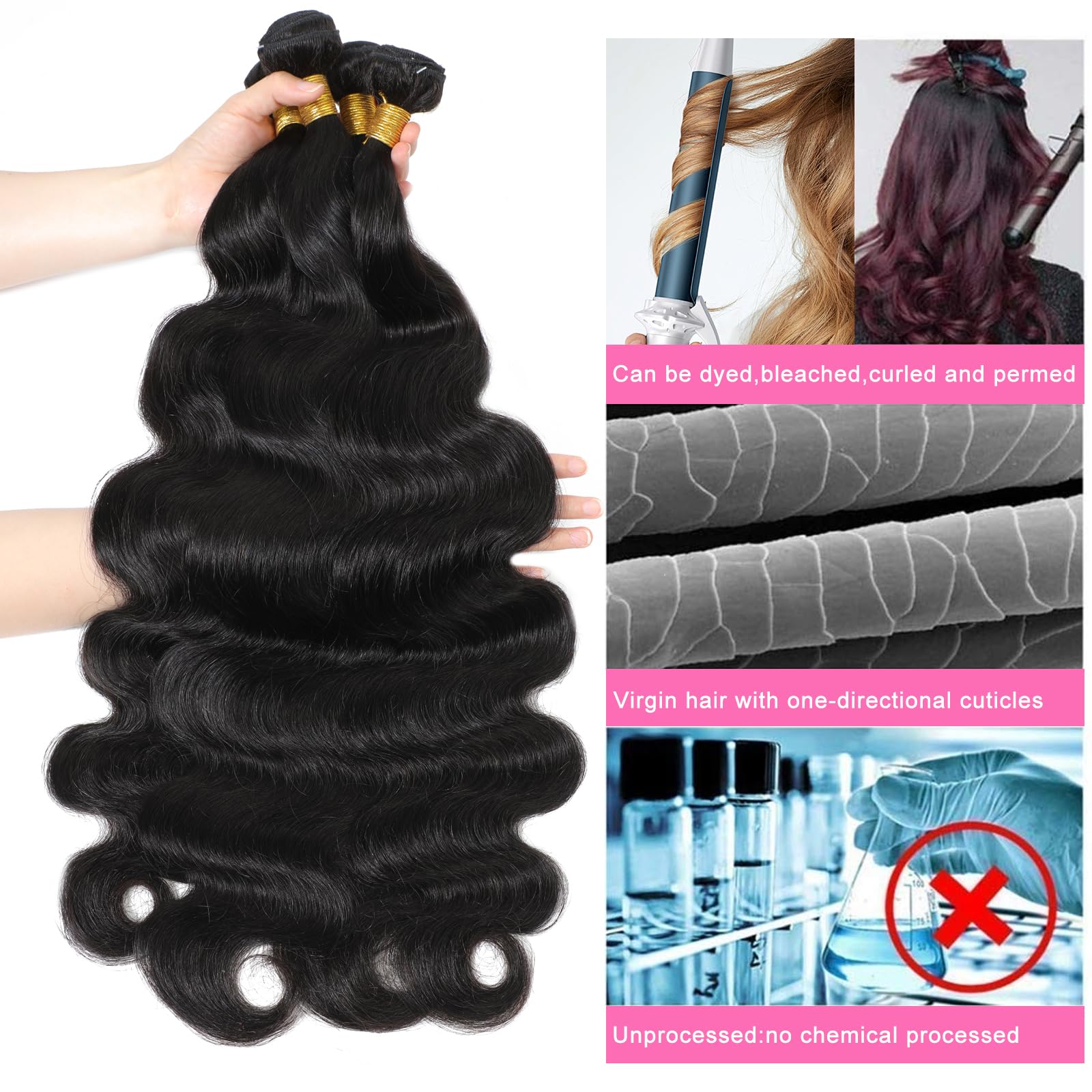 12A Body Wave Human Hair Bundles 100% Unprocessed Brazilian Virgin Hair - 28/30/32 Inches Wavy Weave Bundles (3-Pack, Natural Color) for Stunning Hair Extensions & Everyday Glamour
