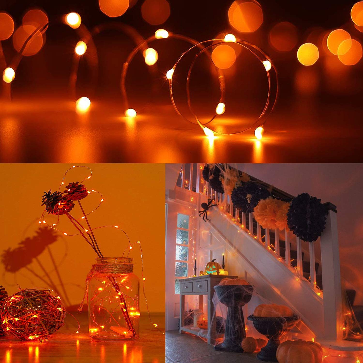 LYHOPE Orange Halloween Lights - 2 Pack 33ft 100 LED Battery Operated String Lights with Remote, Waterproof 8 Modes Copper Wire for Halloween Party, Carnival, Holiday Decorations - Perfect for Indoor/Outdoor Home, Yard, and Event Decor