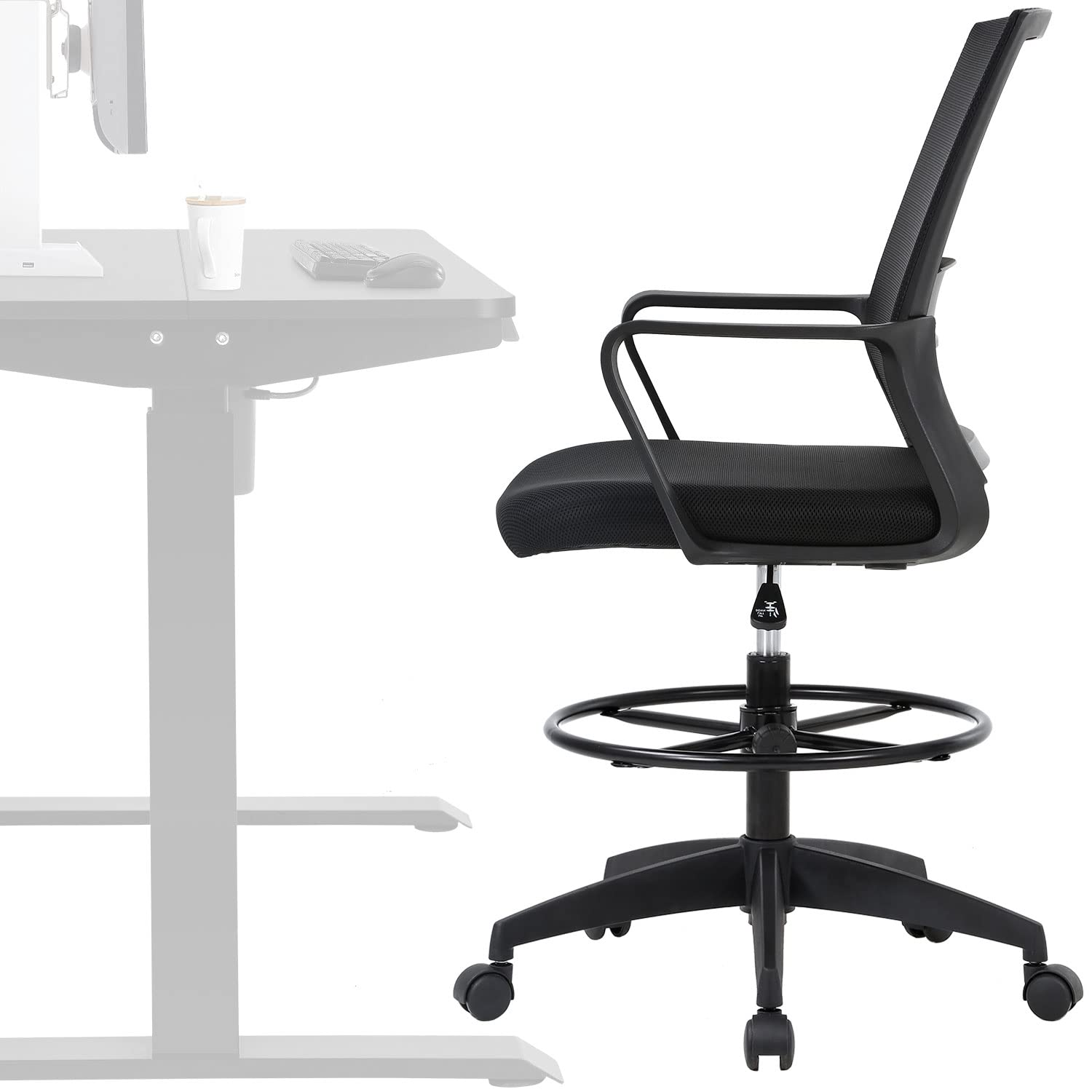 Ergonomic Adjustable Drafting Chair for Standing Desk - Tall Office Chair with Arms & Foot Ring - Home & Office Use (Black) - Perfect for Architects, Designers & Long Work Hours