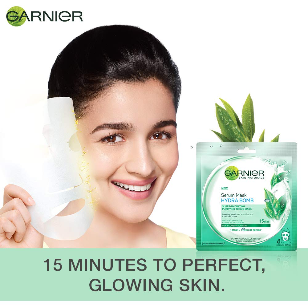 Garnier Skin Naturals Green Tea & Hydra Bomb Face Serum Sheet Mask Set - 32g Each (Green Tea & Hyaluronic Acid) for Hydration & Brightening | At-Home Spa & Self-Care Skincare Routine