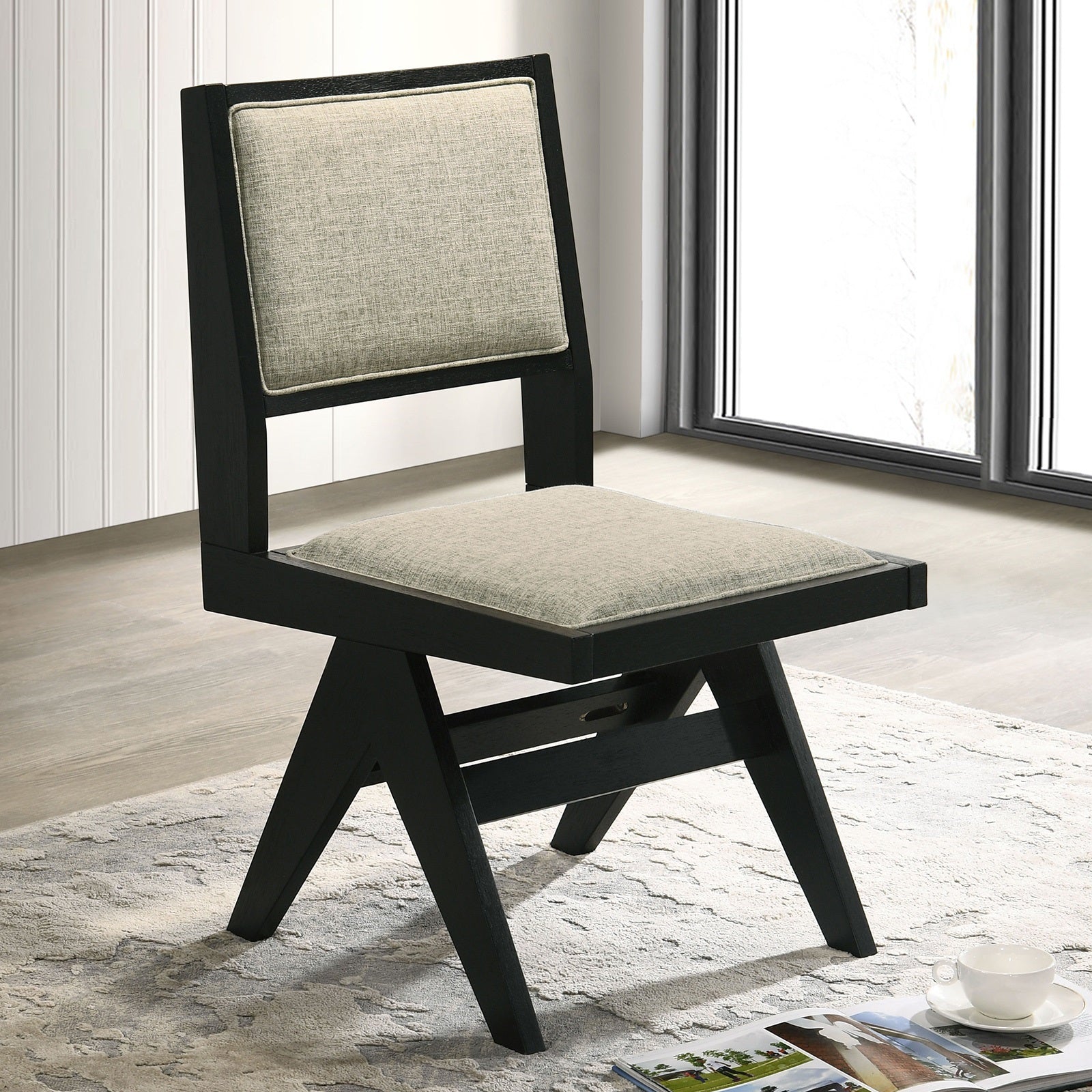 Modern Black 2-Piece Dining Side Chairs with Light Gray Fabric Upholstery - Armless Contemporary Dining Room Chairs for Small Spaces & Breakfast Nooks