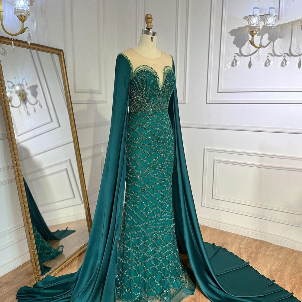 Elegant Beaded Mermaid Evening Gown for Women - Serene Hill Green Cape Sleeves Luxury Dress 2025 | Perfect for Prom, Gala, Wedding & Formal Parties - LA71668