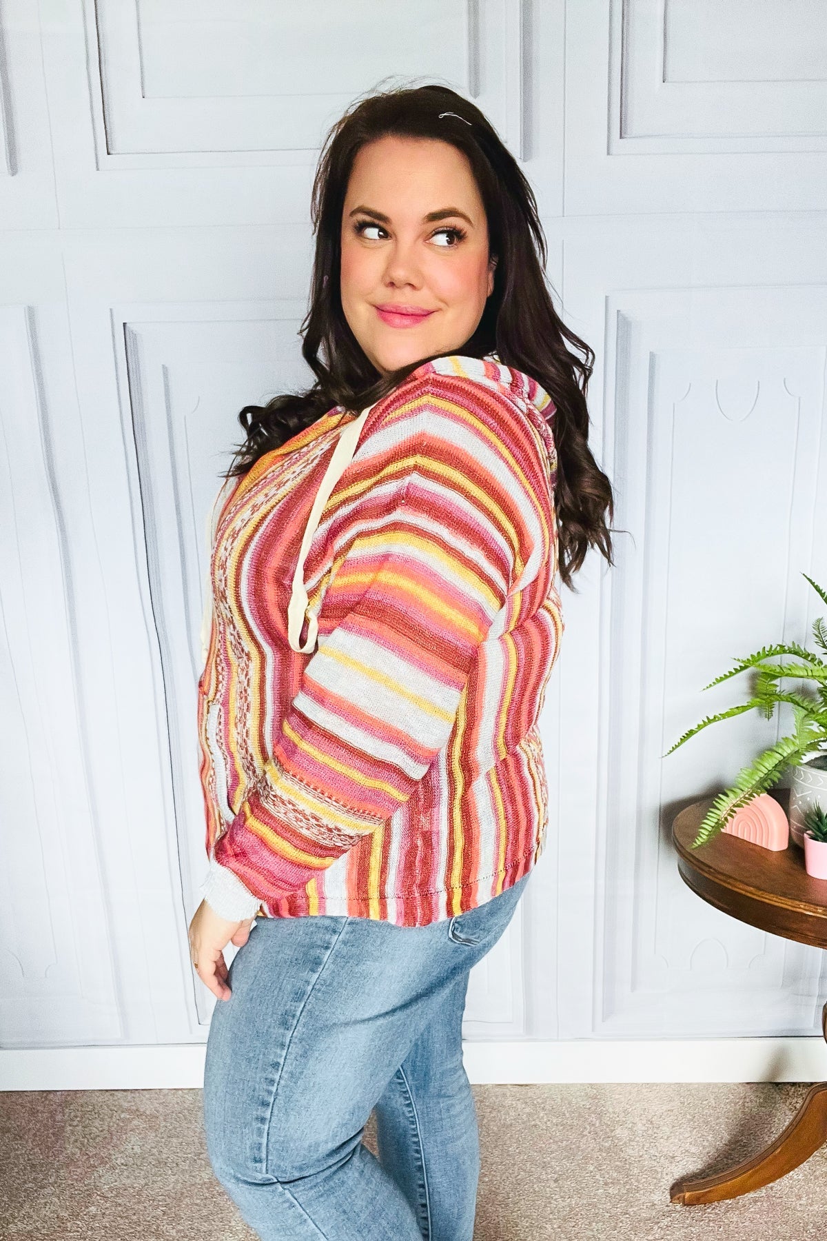 Be Bold Coral & Sienna Stripe Pullover Hoodie with Notched Neck | Women's Casual Sweatshirt for Fall Fashion, Streetwear & Cozy Loungewear