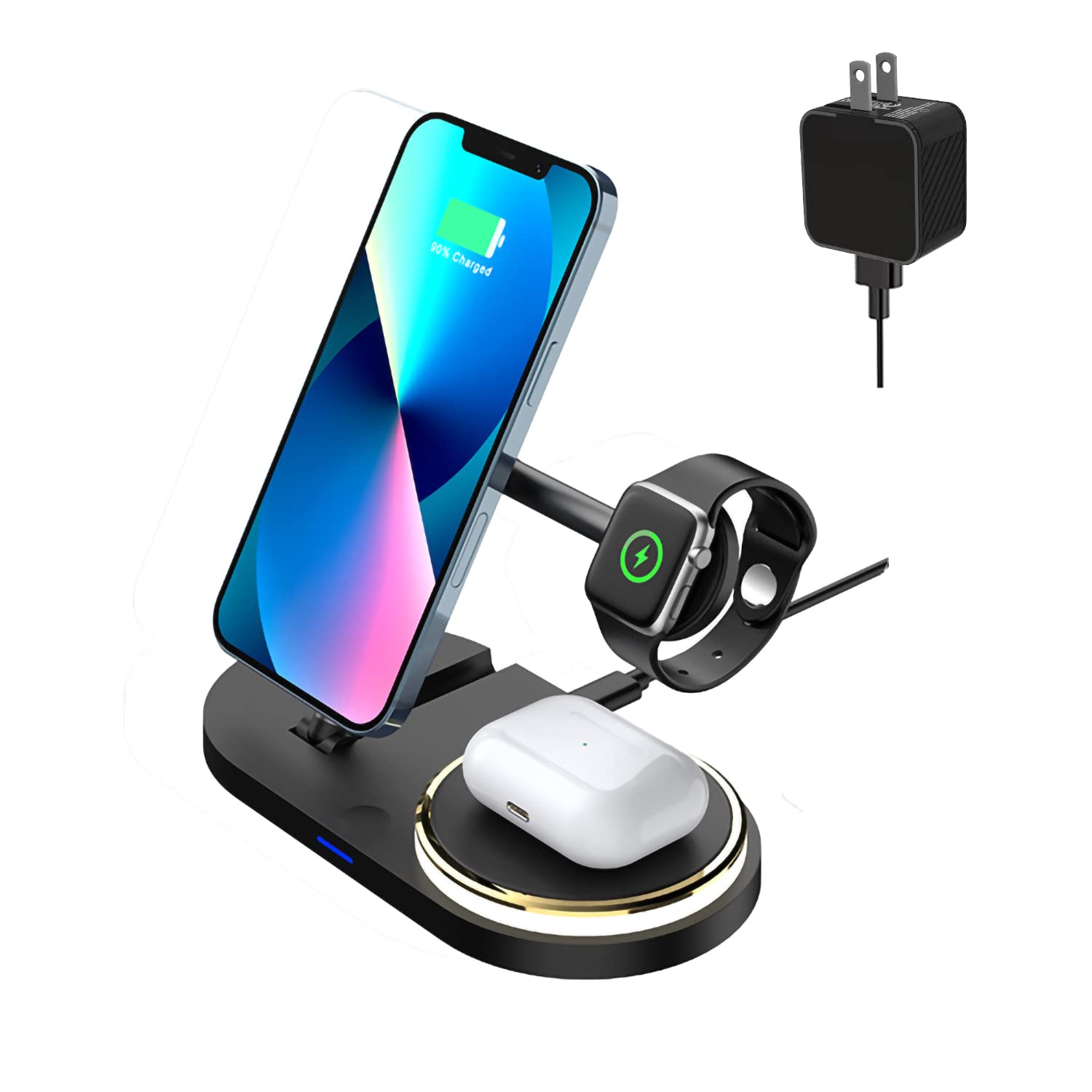 3-in-1 Wireless Charging Station for iPhone 14/13/12/11/Pro/Max, Apple Watch & AirPods - Fast Qi-Certified Charger Stand with Multi-Device Charging - Perfect for Home, Office & Nightstand (Black)