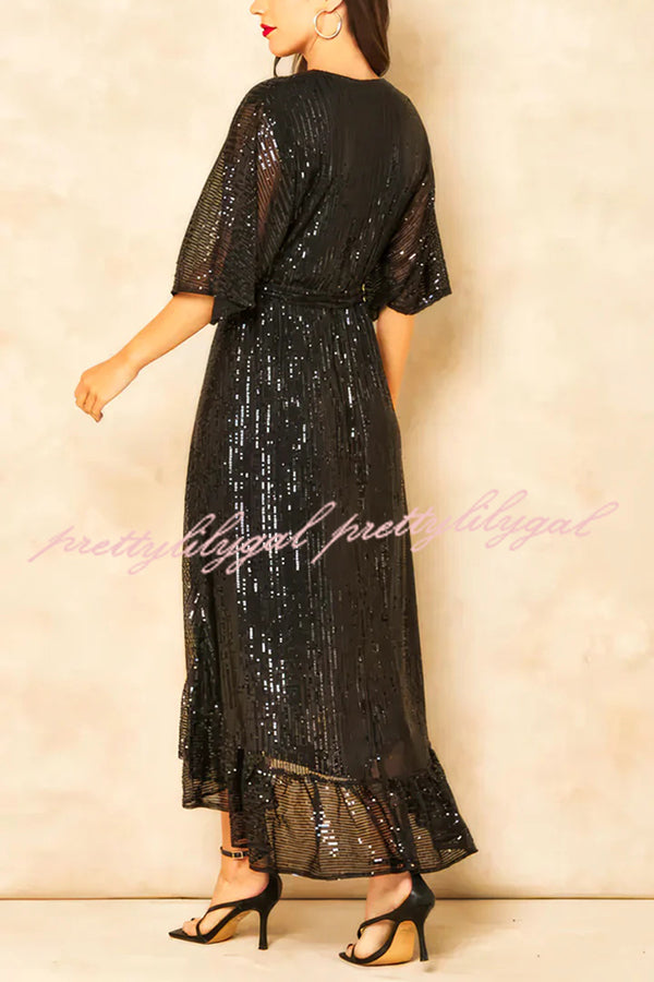 Elegant Solid Color Sequined V-Neck Waist Tie Loose Maxi Dress for Women - Perfect for Evening Parties, Weddings & Special Occasions