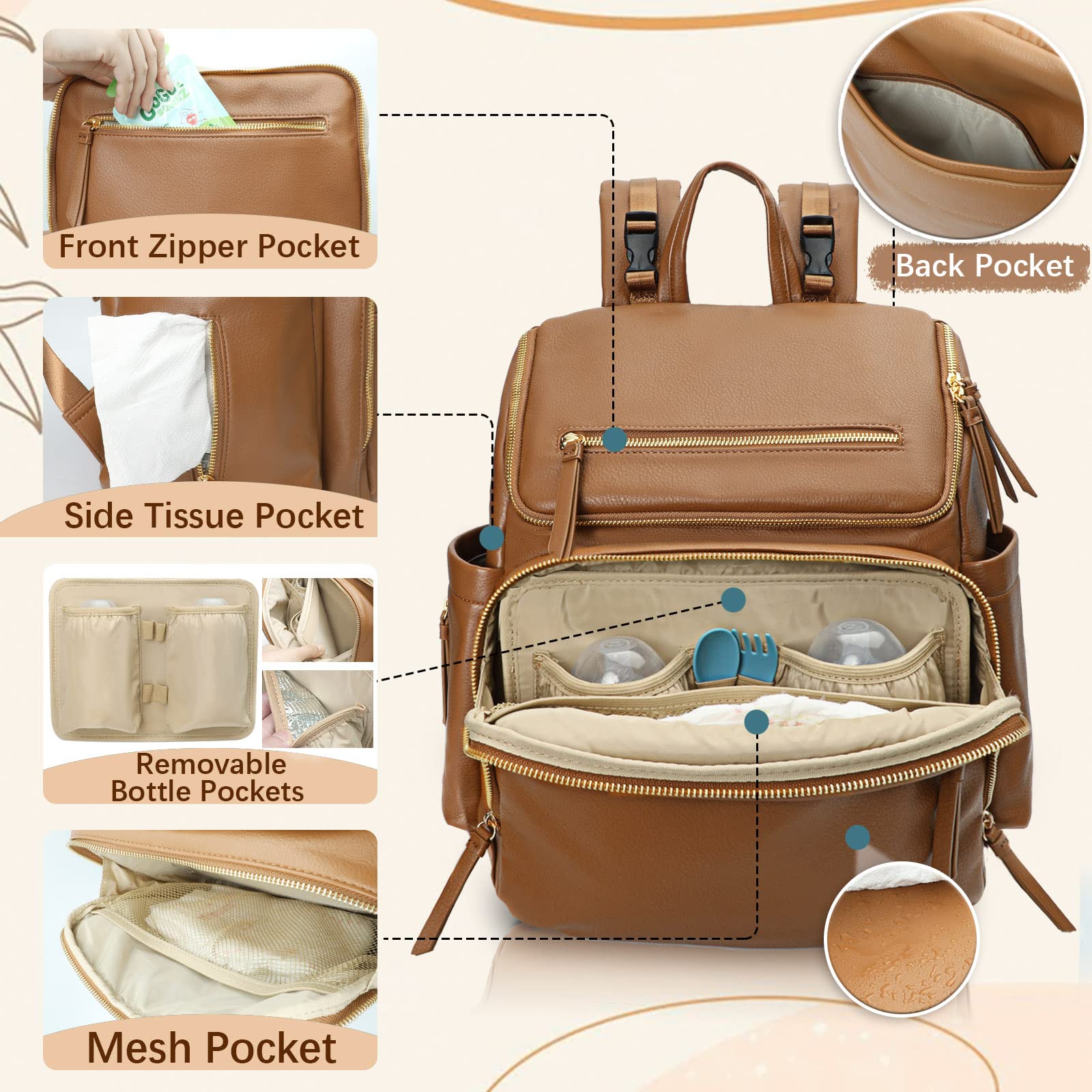 Premium Leather Diaper Bag Backpack for Moms - 17 Organizing Pouches, Changing Pad & Stroller Straps | 4 Insulated Pockets | Stylish Brown Baby Bag for Travel, Daycare & On-the-Go Parenting