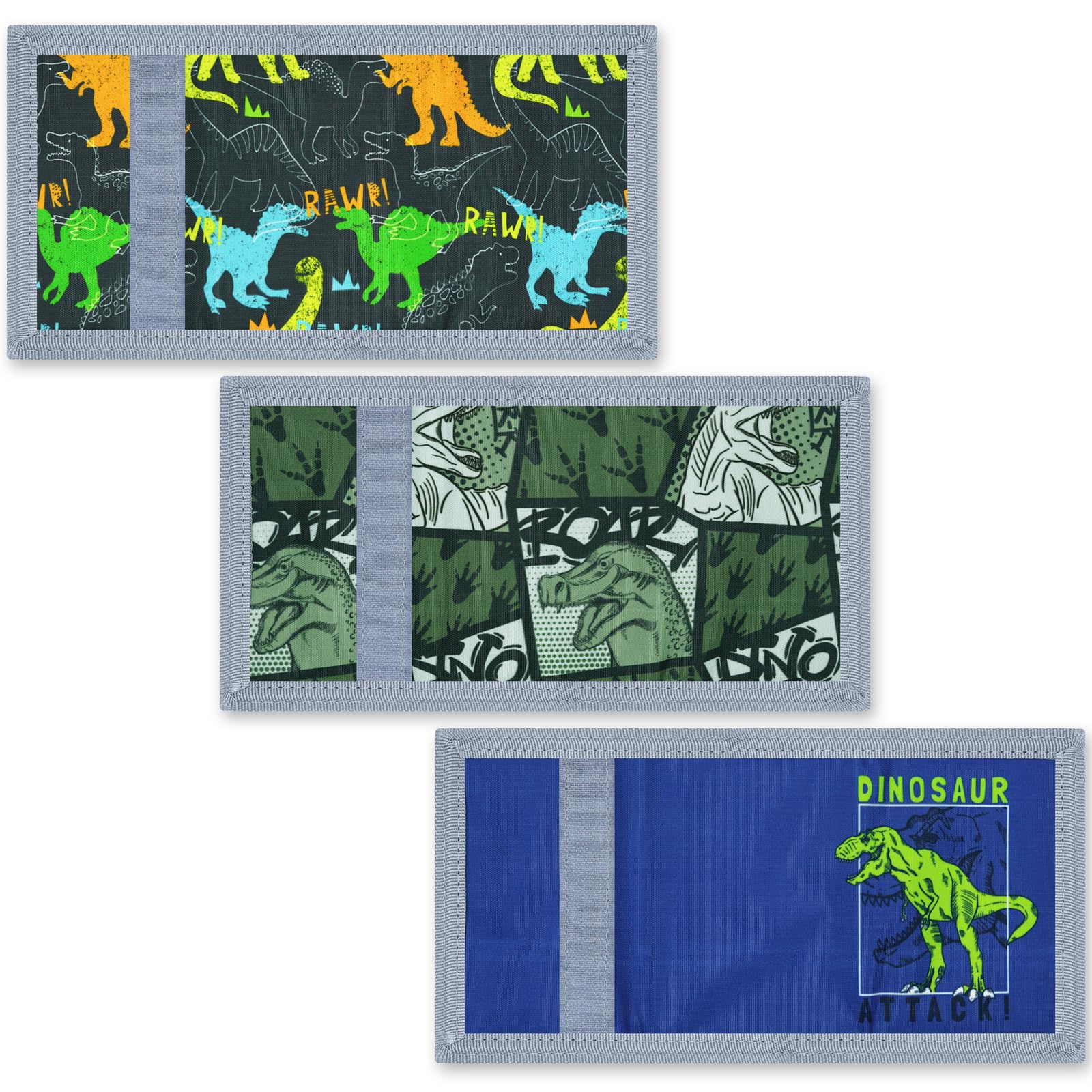 3 Packs Kids RFID Blocking Wallet - Dinosaur Cartoon Trifold Coin Purse with Zipper & Magic Sticker, Front Pocket Wallet for Boys Girls, Canvas Mini Wallets for School, Travel & Outdoor Sports