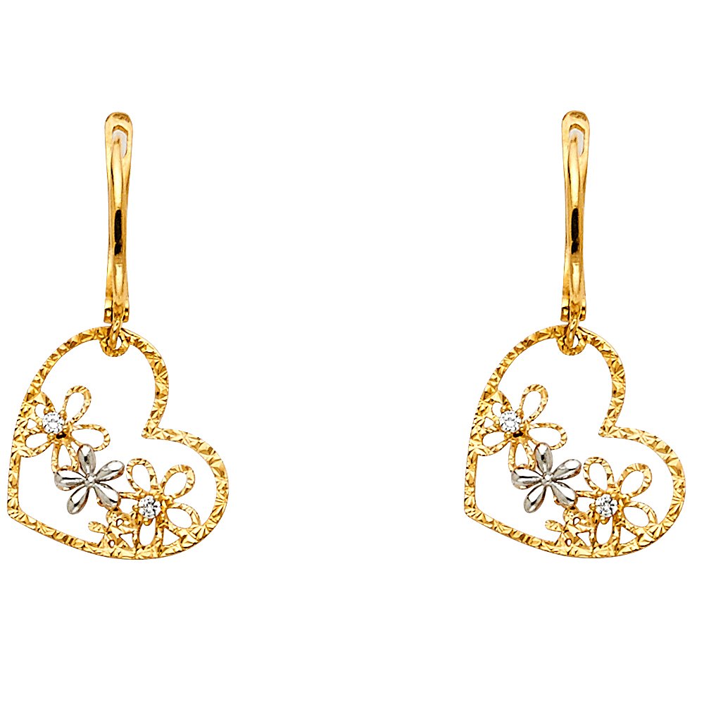 14K Two-Tone Gold Open Heart & Floral Design Stud Earrings (23x15mm) - Elegant Gift for Women, Perfect for Valentine's Day & Anniversary