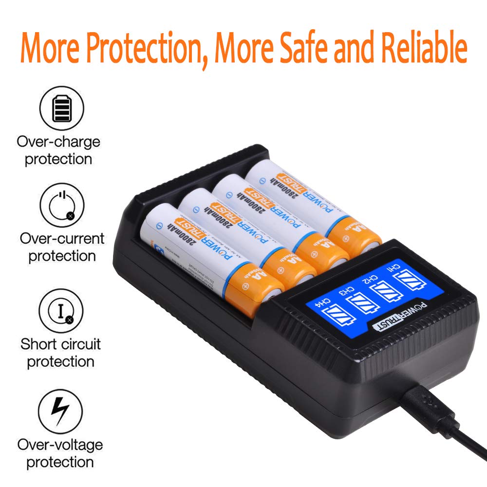 4-Pack 2800mAh AA Rechargeable Batteries with LCD USB Charger for AA/AAA Ni-MH Batteries | 4-Slot Fast Charging | Perfect for Cameras, Toys, Flashlights & Electronics