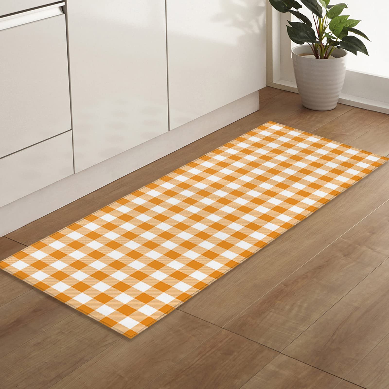 Non-Slip Country Style Orange & White Checkered Gingham Runner Rug - 23.6