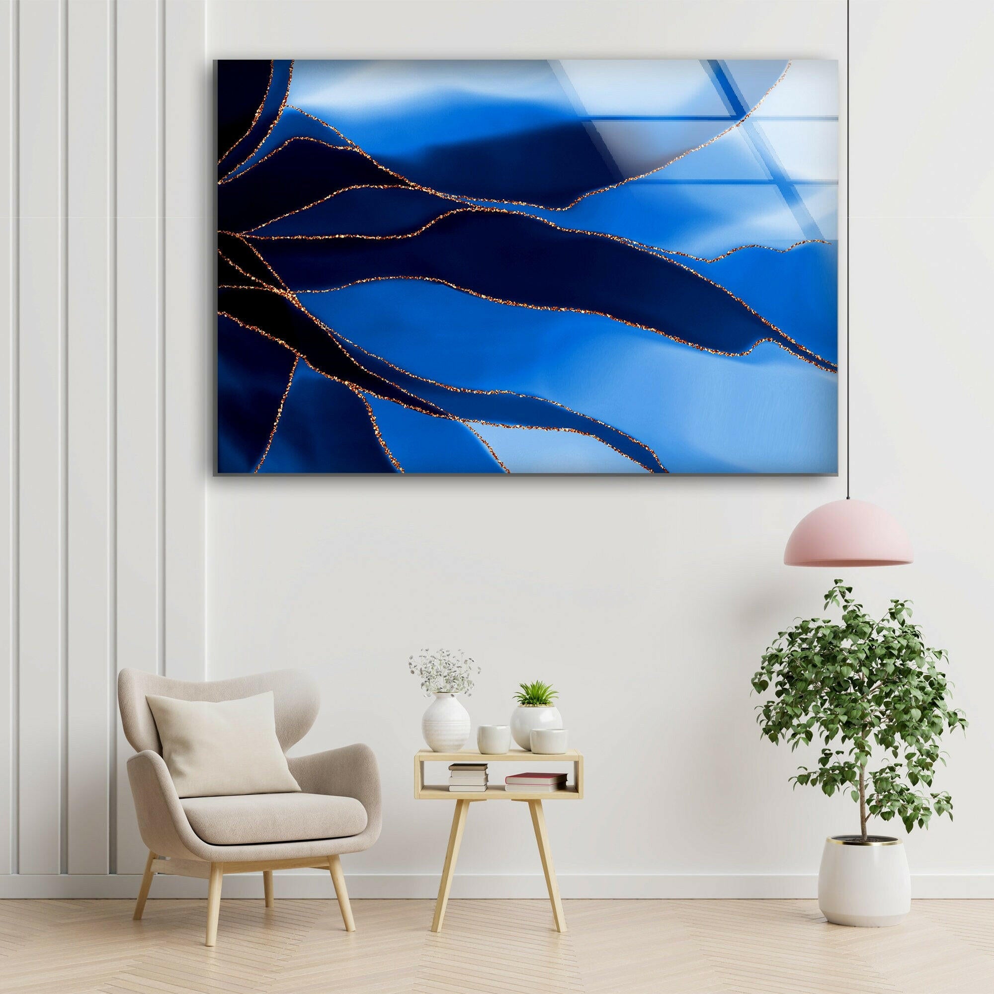 Blue and Gold Marble Abstract Glass Wall Art - Modern Home Decor for Living Room, Bedroom & Office | Handmade Glass Wall Hanging for Contemporary Interior Design