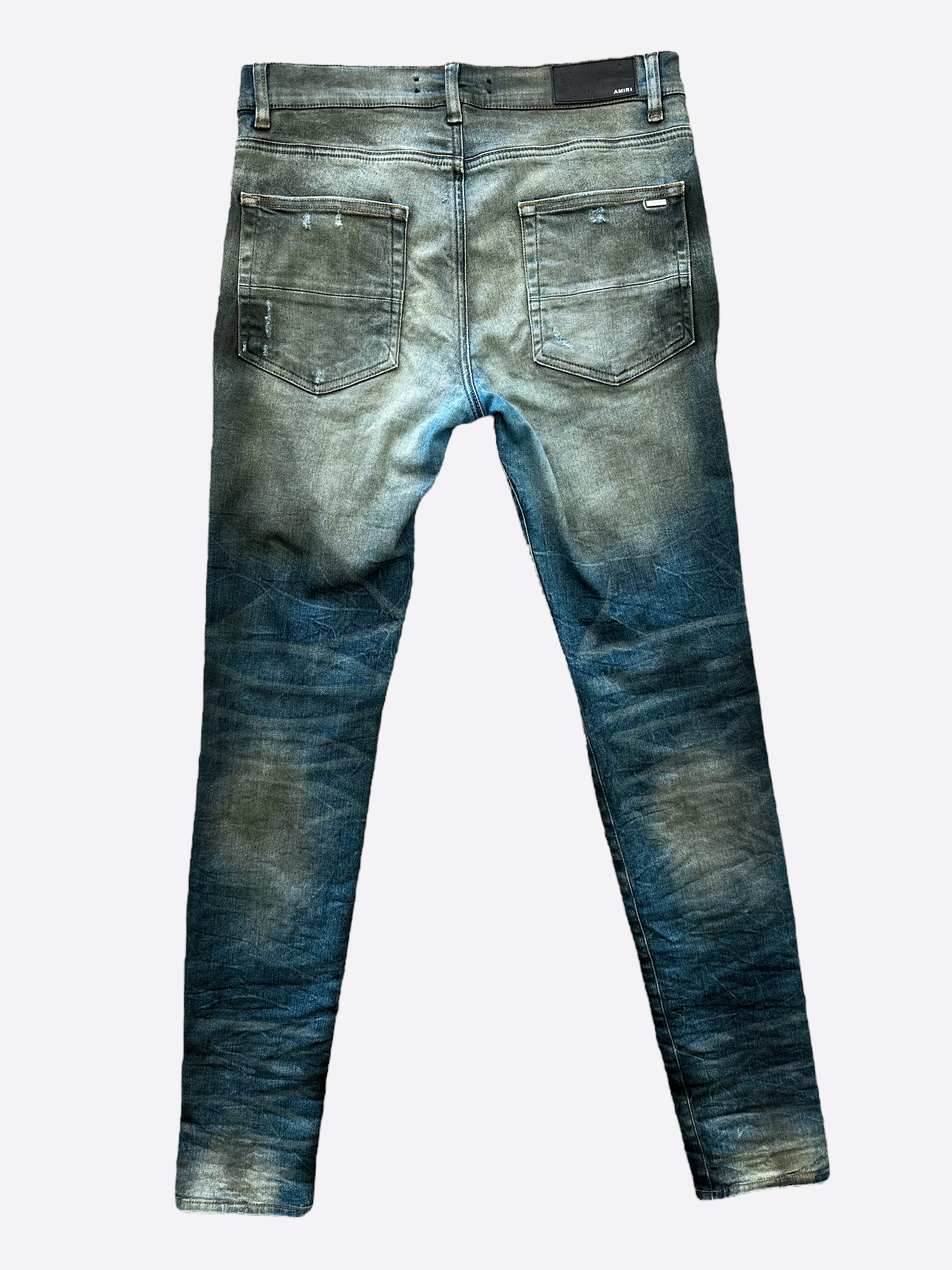 Amiri Dirty Indigo Cashmere Patch MX1 Distressed Denim Jeans for Men - Premium Designer Slim Fit Ripped Denim Pants for Casual Wear & Street Style Fashion