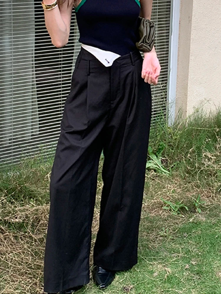 Women's High Waist Patchwork Asymmetrical Wide Leg Pants - Autumn Casual Minimalist Solid Trousers for Female | Perfect for Office Wear, Weekend Outings & Fall Fashion