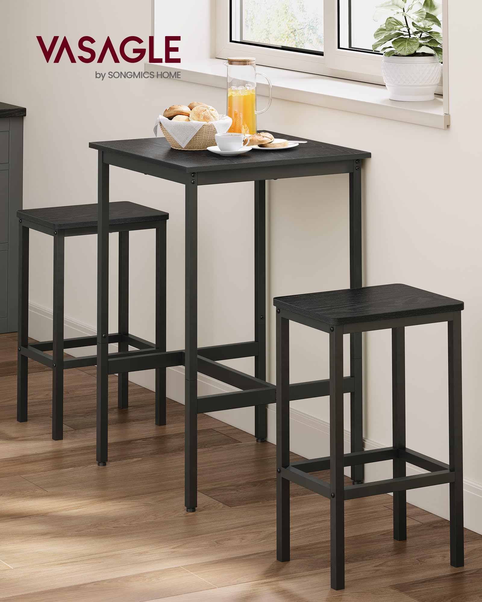 VASAGLE 2-Piece Bar Table and Stools Set, Square Pub Height Dining Table with 2 Stools - Space Saving Kitchen Breakfast Nook, Living Room, Party Room Furniture - Ebony Black & Ink Black - Perfect for Small Apartments, Studio Homes and Entertaining Guests