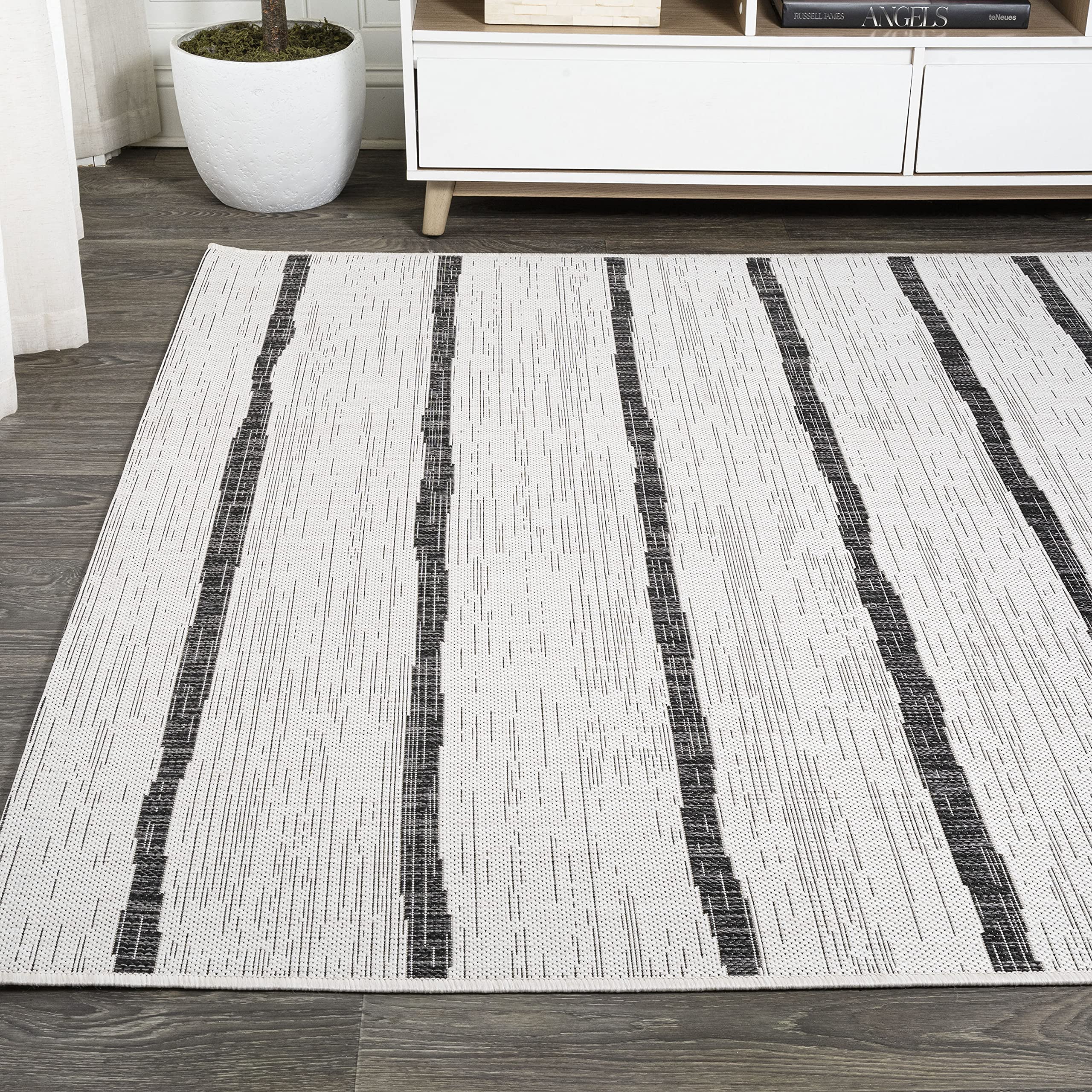 JONATHAN Y SMB125D-8 Berber Stripe Area Rug 8x10 ft - Modern Bohemian Indoor Outdoor Rug - Stain & Pet Friendly - Ivory Black - Perfect for Bedroom, Patio, Backyard & Living Room Decor