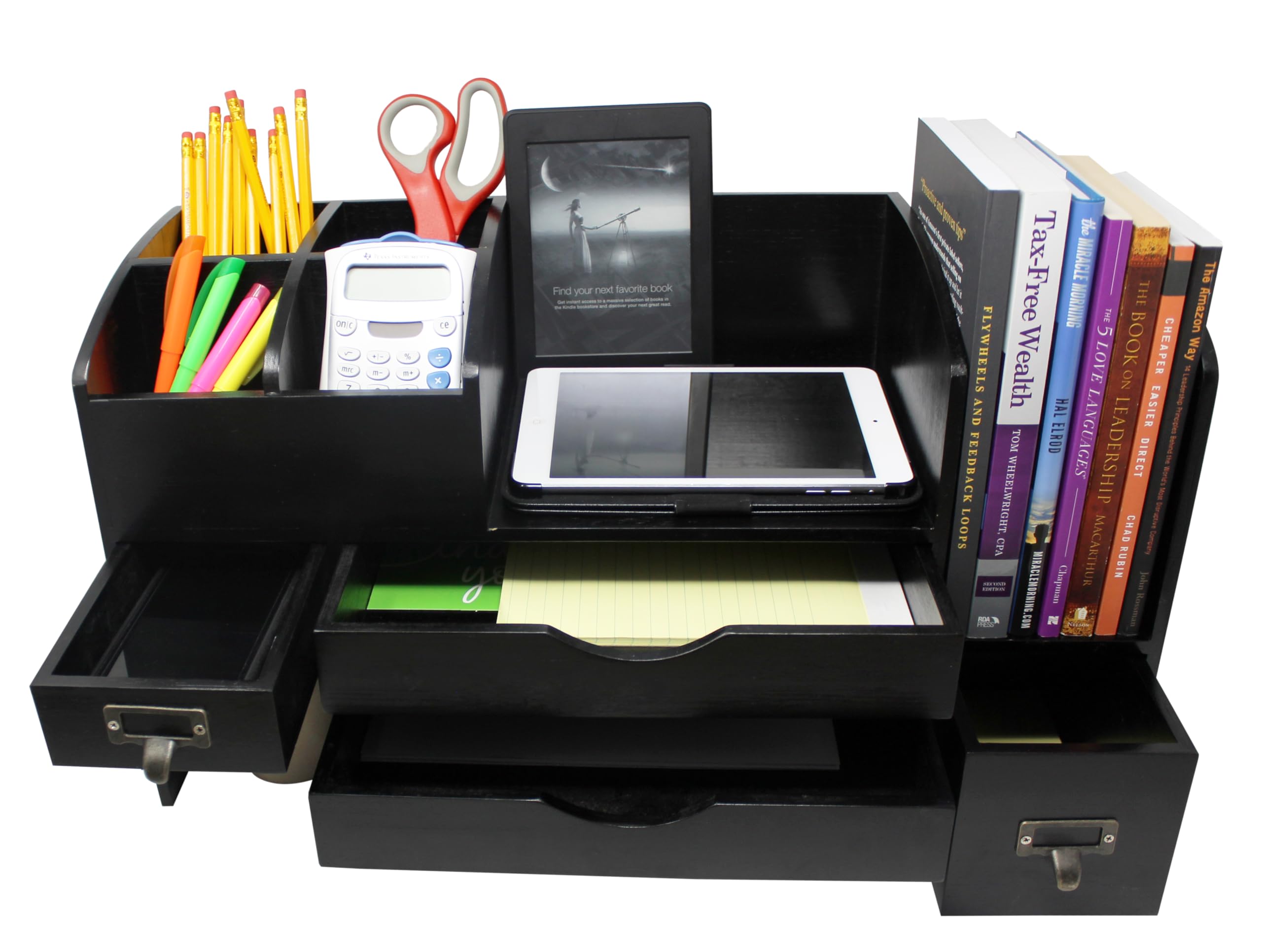 Adjustable Wooden Desk Organizer - Black Office Storage Shelf for Supplies, Accessories & Mail | Perfect for Desktop, Tabletop, Counter & Workspace Organization