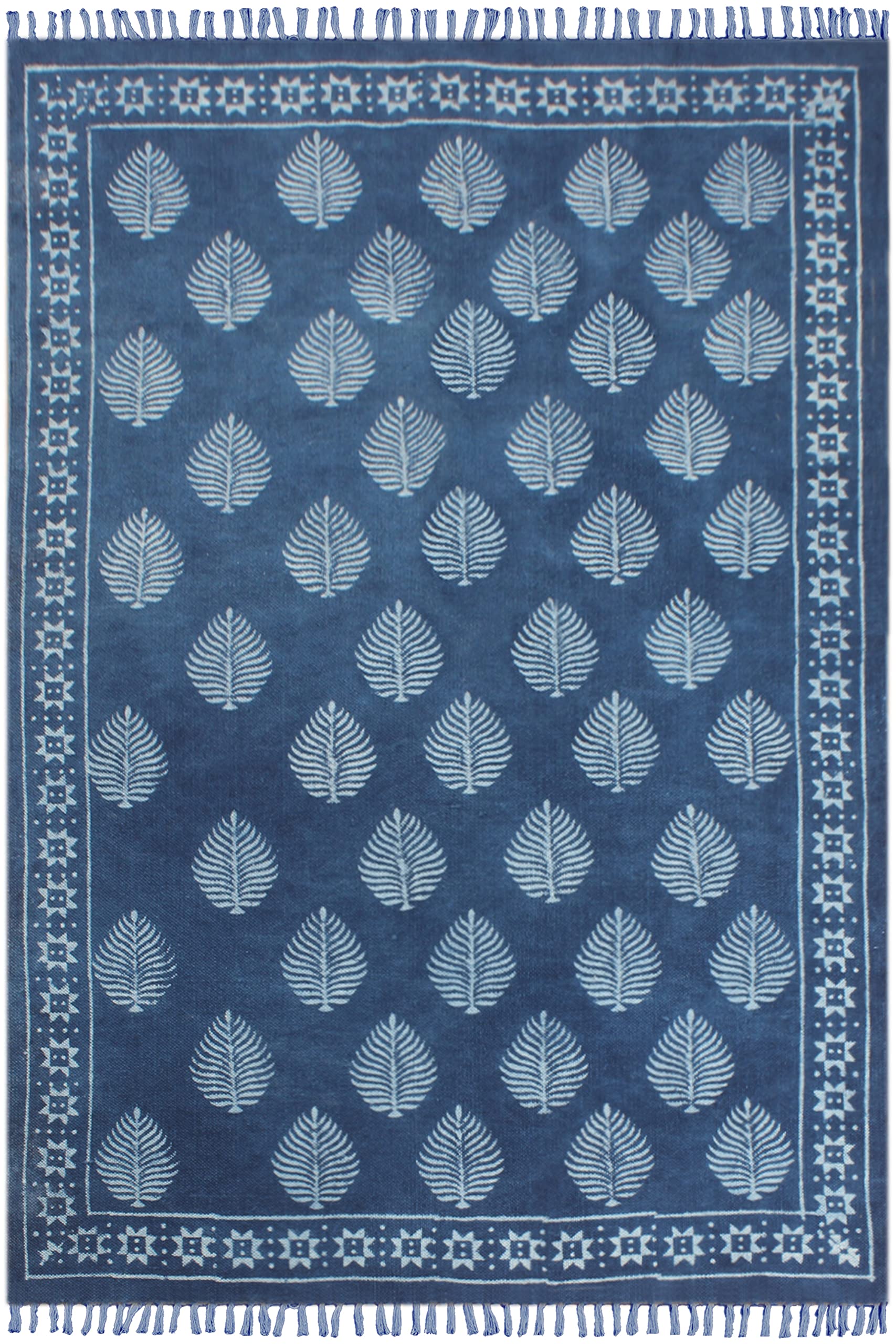 Hand Woven Pure Cotton Area Rug - Indigo Blue Floral Design with Tassels, Reversible Runner Rug (4x15 Feet) for Living Room, Bedroom, Laundry & Bathroom Floor Decor