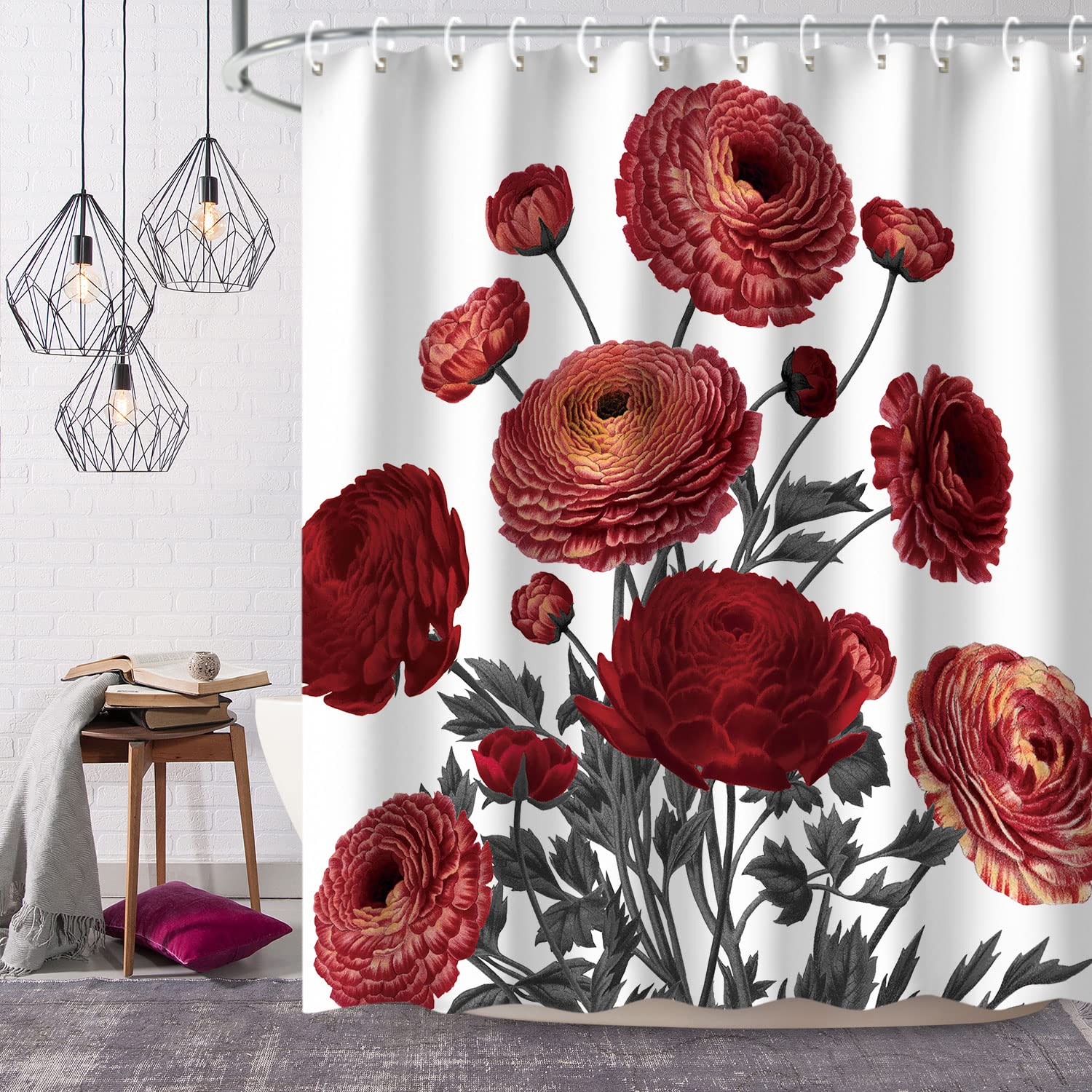 LIVILAN Vintage Floral Shower Curtain - Burgundy Red Bathroom Decor with Hooks, 72x72 Inches, Waterproof & Mold Resistant - Perfect for Farmhouse, Boho & Vintage Style Bathrooms