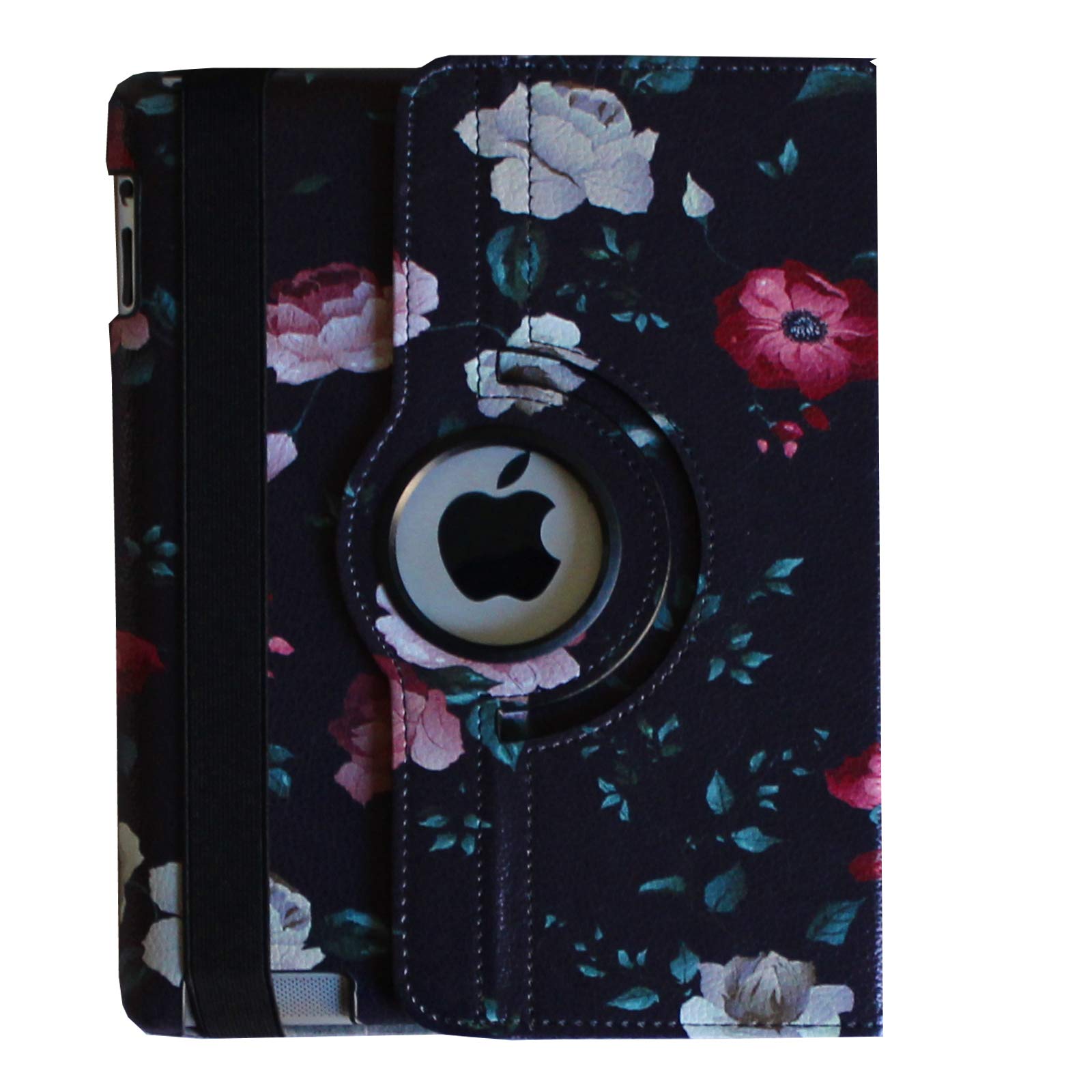 Rotating Stand Smart Cover Case for iPad Air 1 (2013) - Magnetic Auto Wake/Sleep | Compatible with iPad Air A1474 A1475 A1476 | Black Flower Design | Perfect for Work, Travel & Home Use