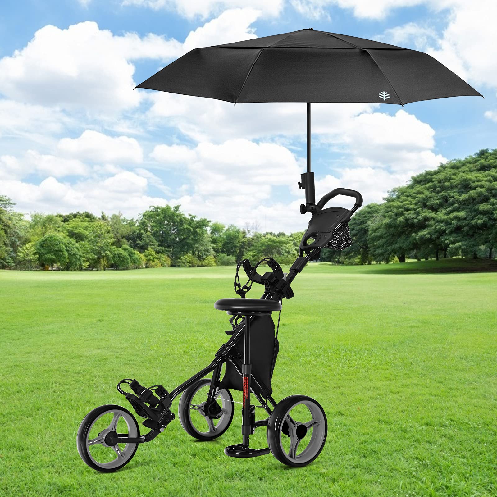 GYMAX Foldable 3-Wheel Golf Push Cart - Adjustable Height Lightweight Golf Trolley with Umbrella Holder, Hydraulic Seat, Storage Bag & Cup Holder | Perfect for Golf Courses, Driving Ranges & Outdoor Practice