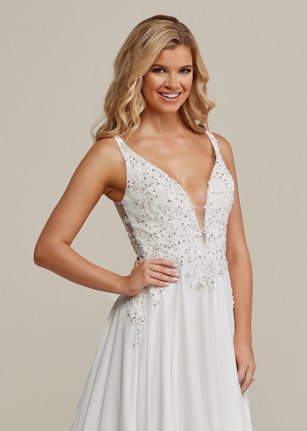 Elegant Mya 1 A-Line Wedding Dress with Plunging Neckline & Sequined Lace - Perfect for Bridal, Formal Events & Romantic Photoshoots