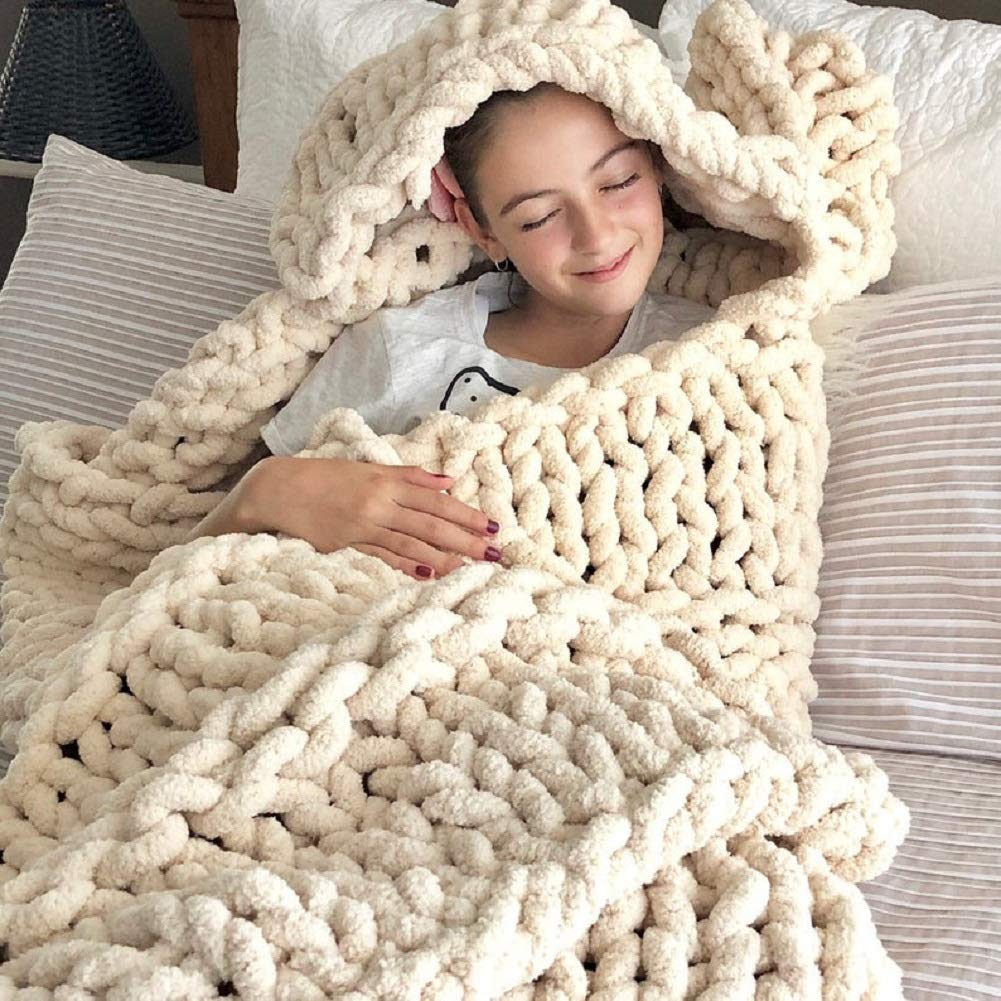 VIYEAR Jumbo Chenille Knit Throw Blanket - Super Soft & Chunky Arm Knit for Bed, Couch, Sofa - Cozy & Warm Beige Blanket 47x59 Inches - Perfect for Lounging, Napping & Relaxing at Home